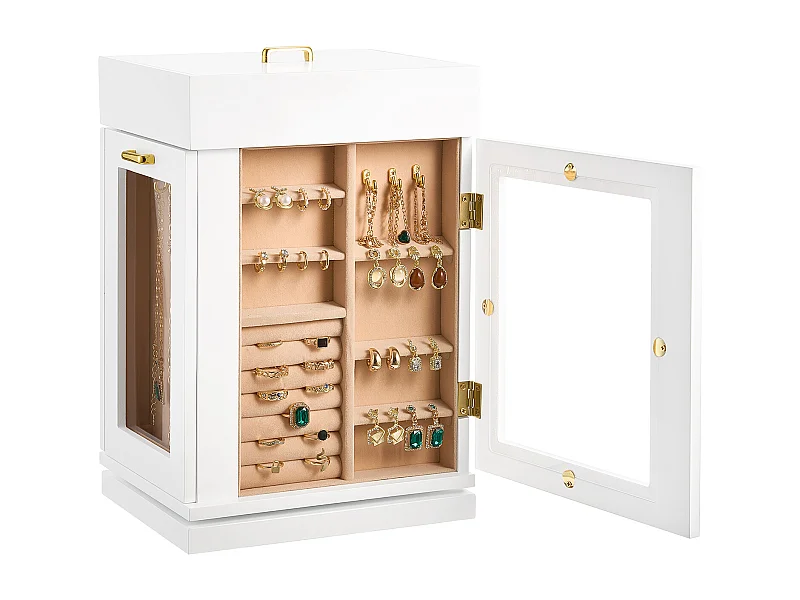 Boîte à Bijoux Rotative SucceBuy à 360°, avec Porte Magnétique, Fenêtre en Acrylique, 4 Crochets Intégrés de Colliers, Poignées Métal, Doublure en Flanelle Douce