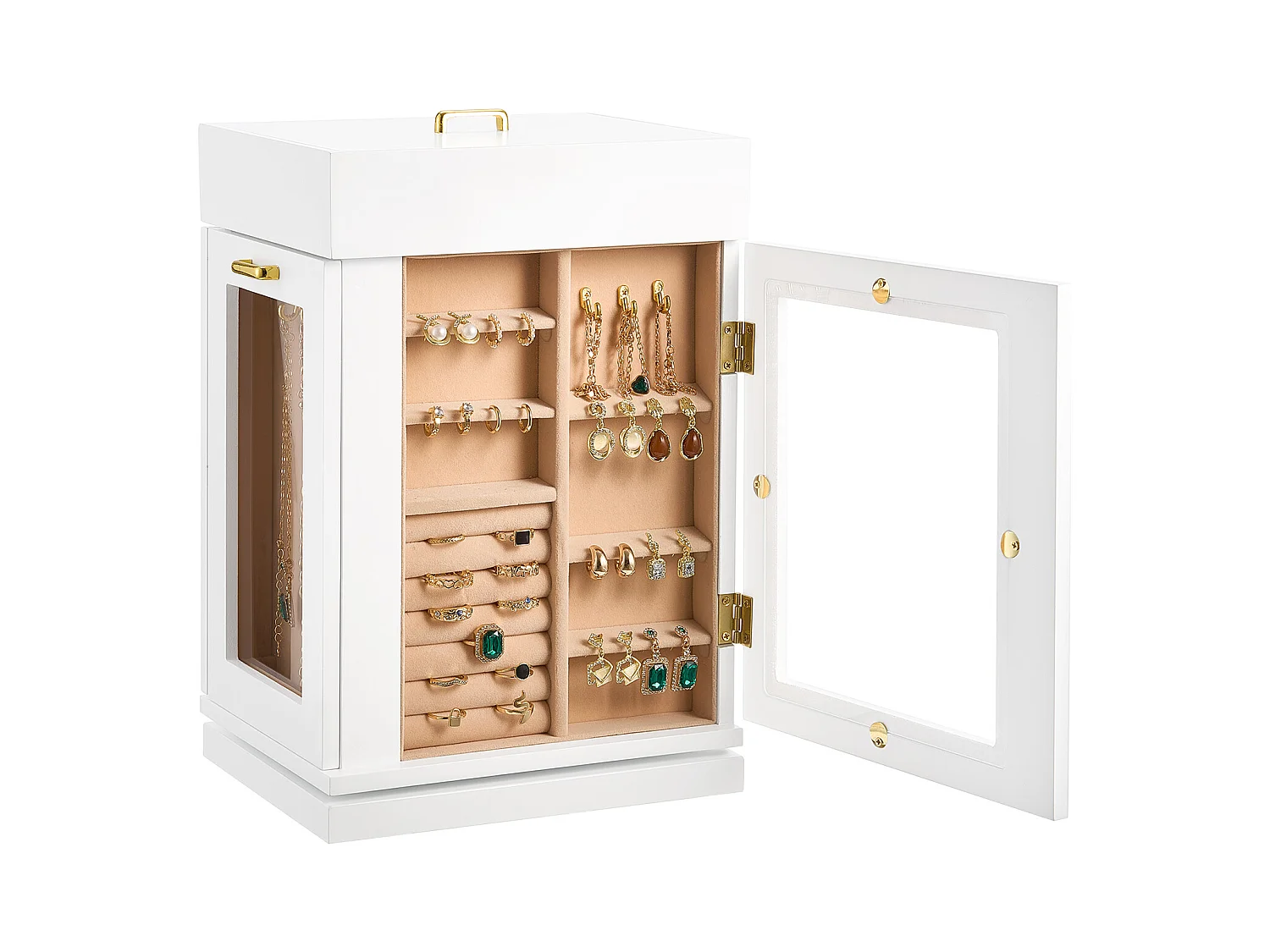 Boîte à Bijoux Rotative SucceBuy à 360°, avec Porte Magnétique, Fenêtre en Acrylique, 4 Crochets Intégrés de Colliers, Poignées Métal, Doublure en Flanelle Douce