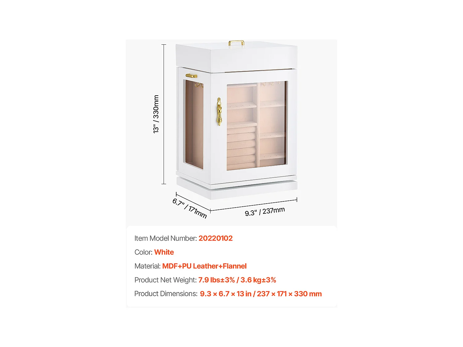 Boîte à Bijoux Rotative SucceBuy à 360°, avec Porte Magnétique, Fenêtre en Acrylique, 4 Crochets Intégrés de Colliers, Poignées Métal, Doublure en Flanelle Douce