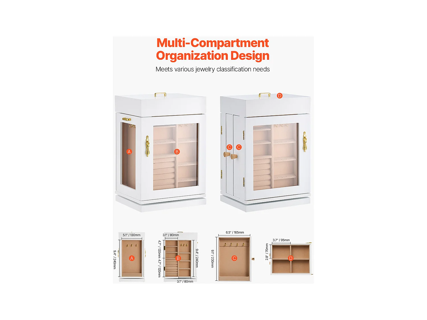 Boîte à Bijoux Rotative SucceBuy à 360°, avec Porte Magnétique, Fenêtre en Acrylique, 4 Crochets Intégrés de Colliers, Poignées Métal, Doublure en Flanelle Douce