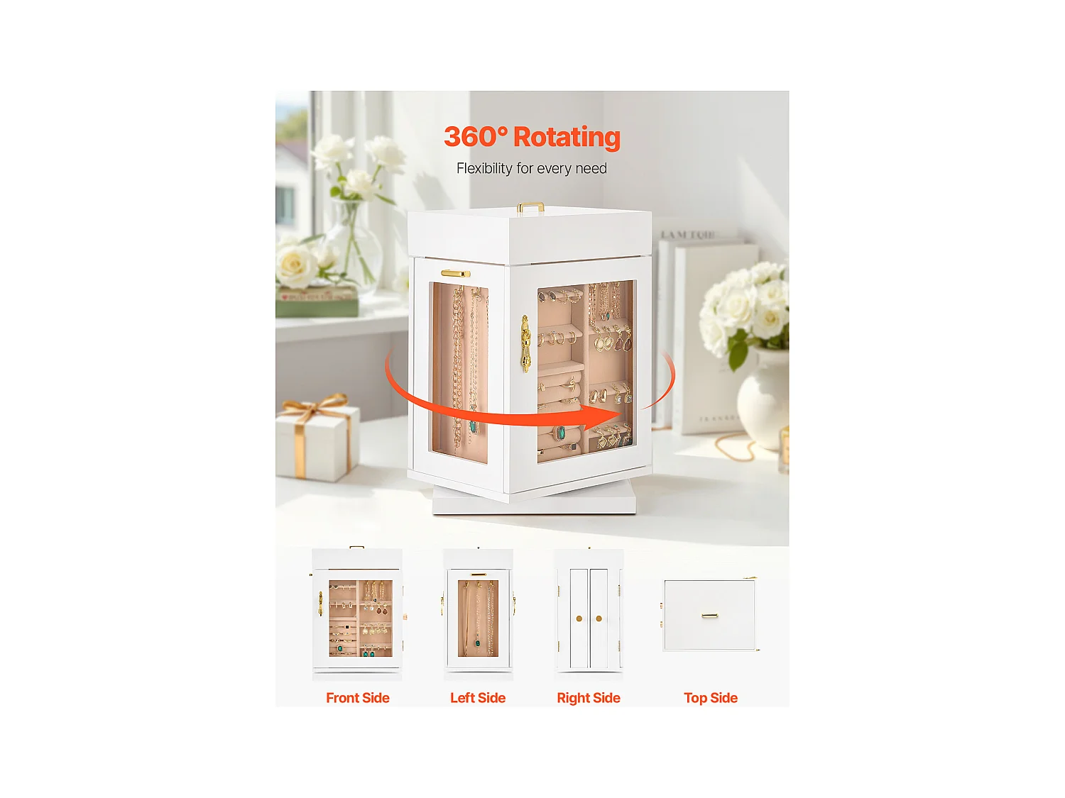 Boîte à Bijoux Rotative SucceBuy à 360°, avec Porte Magnétique, Fenêtre en Acrylique, 4 Crochets Intégrés de Colliers, Poignées Métal, Doublure en Flanelle Douce