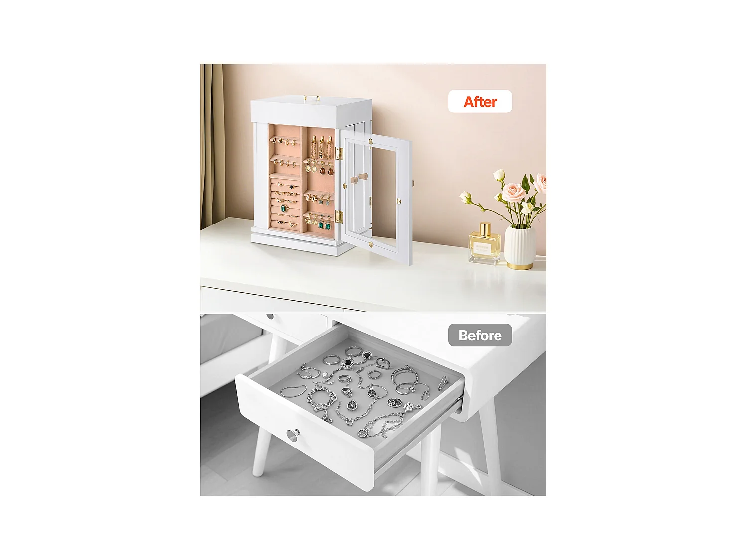 Boîte à Bijoux Rotative SucceBuy à 360°, avec Porte Magnétique, Fenêtre en Acrylique, 4 Crochets Intégrés de Colliers, Poignées Métal, Doublure en Flanelle Douce