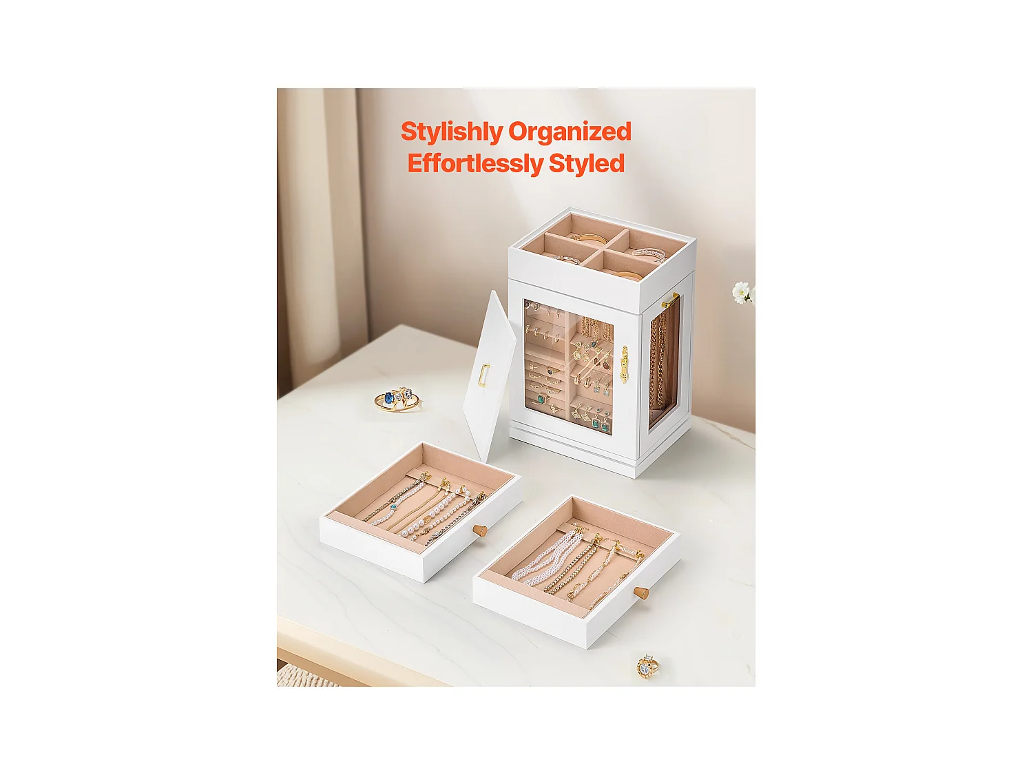 Boîte à Bijoux Rotative SucceBuy à 360°, avec Porte Magnétique, Fenêtre en Acrylique, 4 Crochets Intégrés de Colliers, Poignées Métal, Doublure en Flanelle Douce