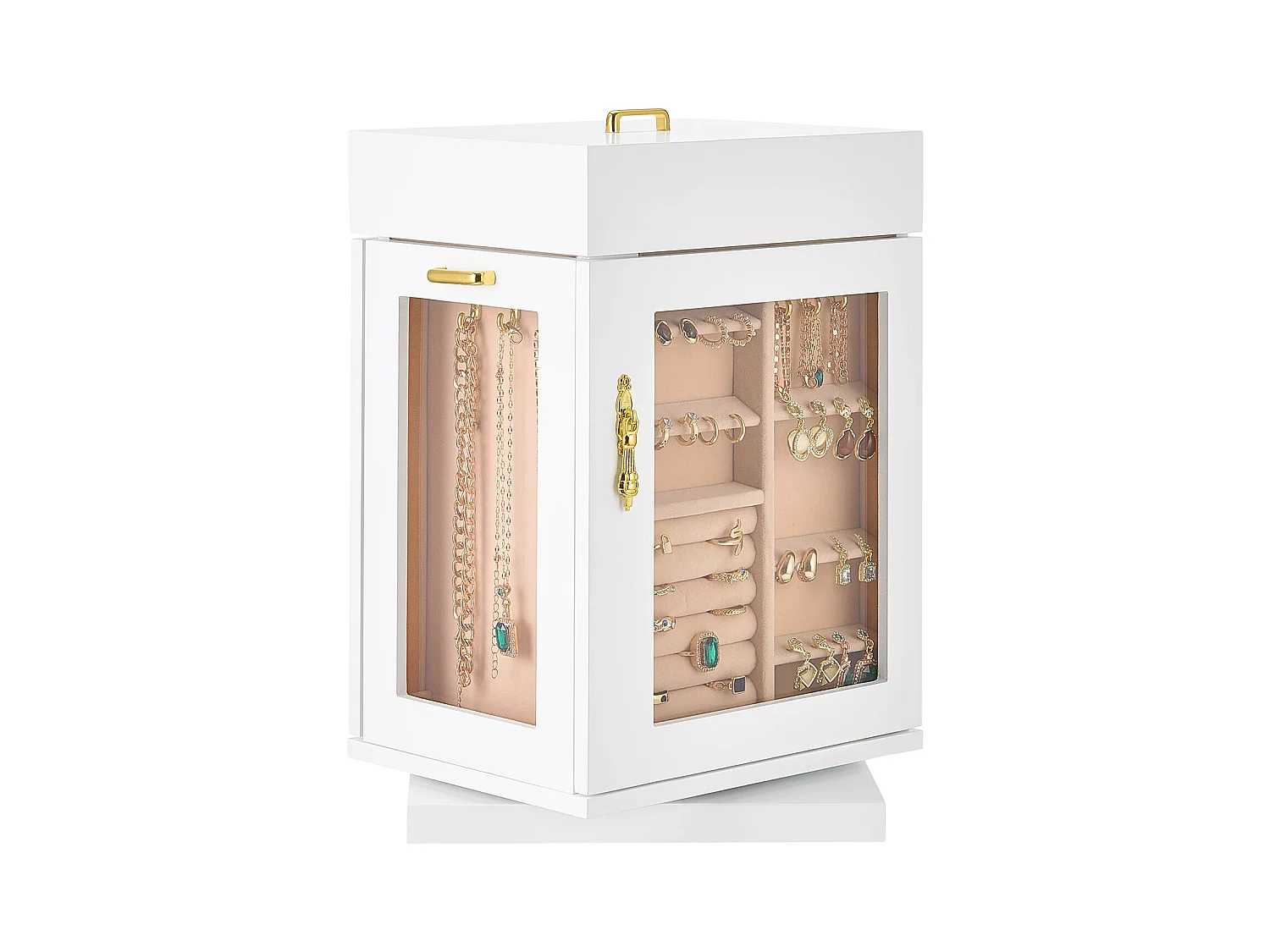 Boîte à Bijoux Rotative SucceBuy à 360°, avec Porte Magnétique, Fenêtre en Acrylique, 4 Crochets Intégrés de Colliers, Poignées Métal, Doublure en Flanelle Douce