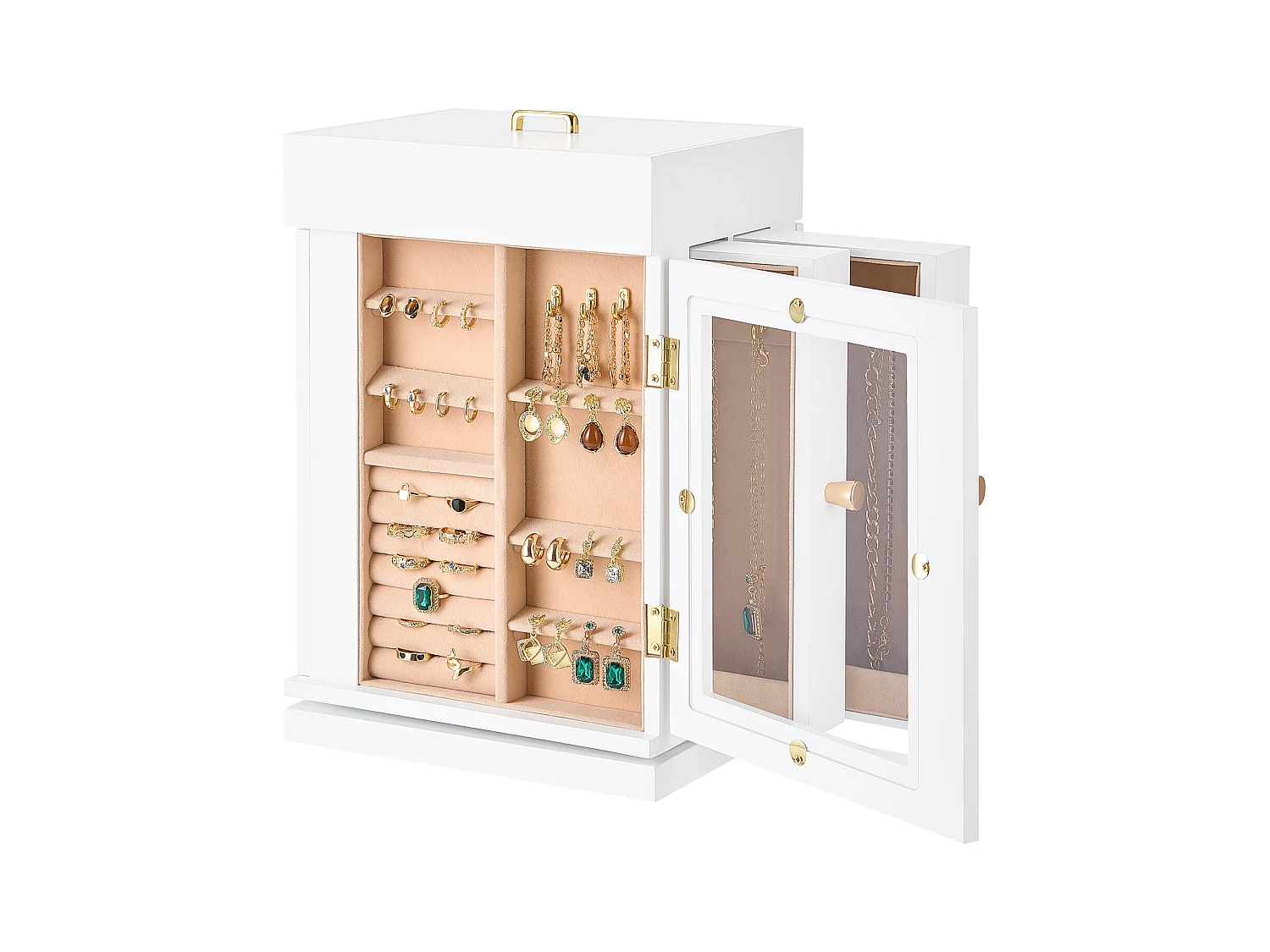 Boîte à Bijoux Rotative SucceBuy à 360°, avec Porte Magnétique, Fenêtre en Acrylique, 4 Crochets Intégrés de Colliers, Poignées Métal, Doublure en Flanelle Douce