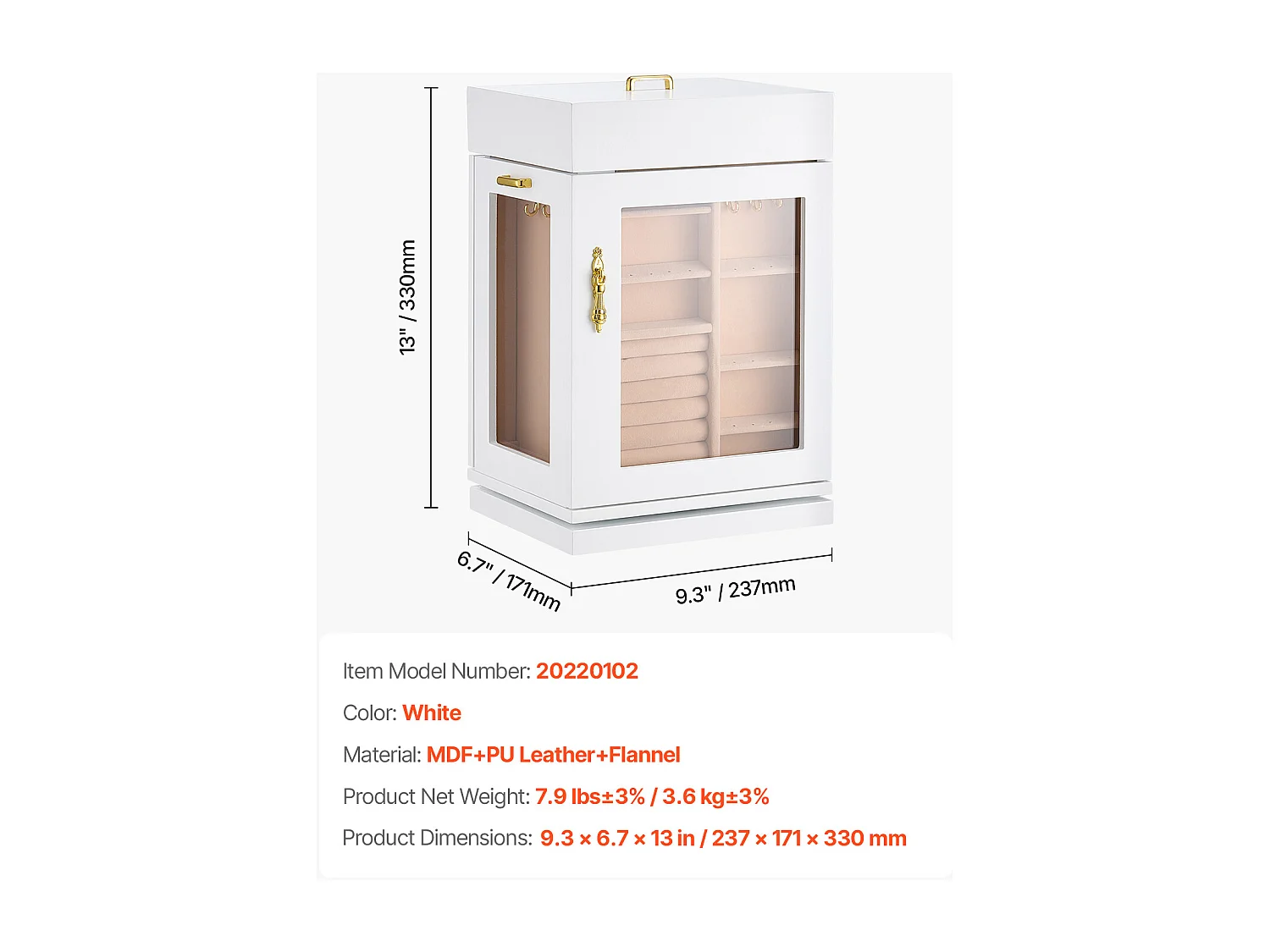 Boîte à Bijoux Rotative SucceBuy à 360°, avec Porte Magnétique, Fenêtre en Acrylique, 4 Crochets Intégrés de Colliers, Poignées Métal, Doublure en Flanelle Douce