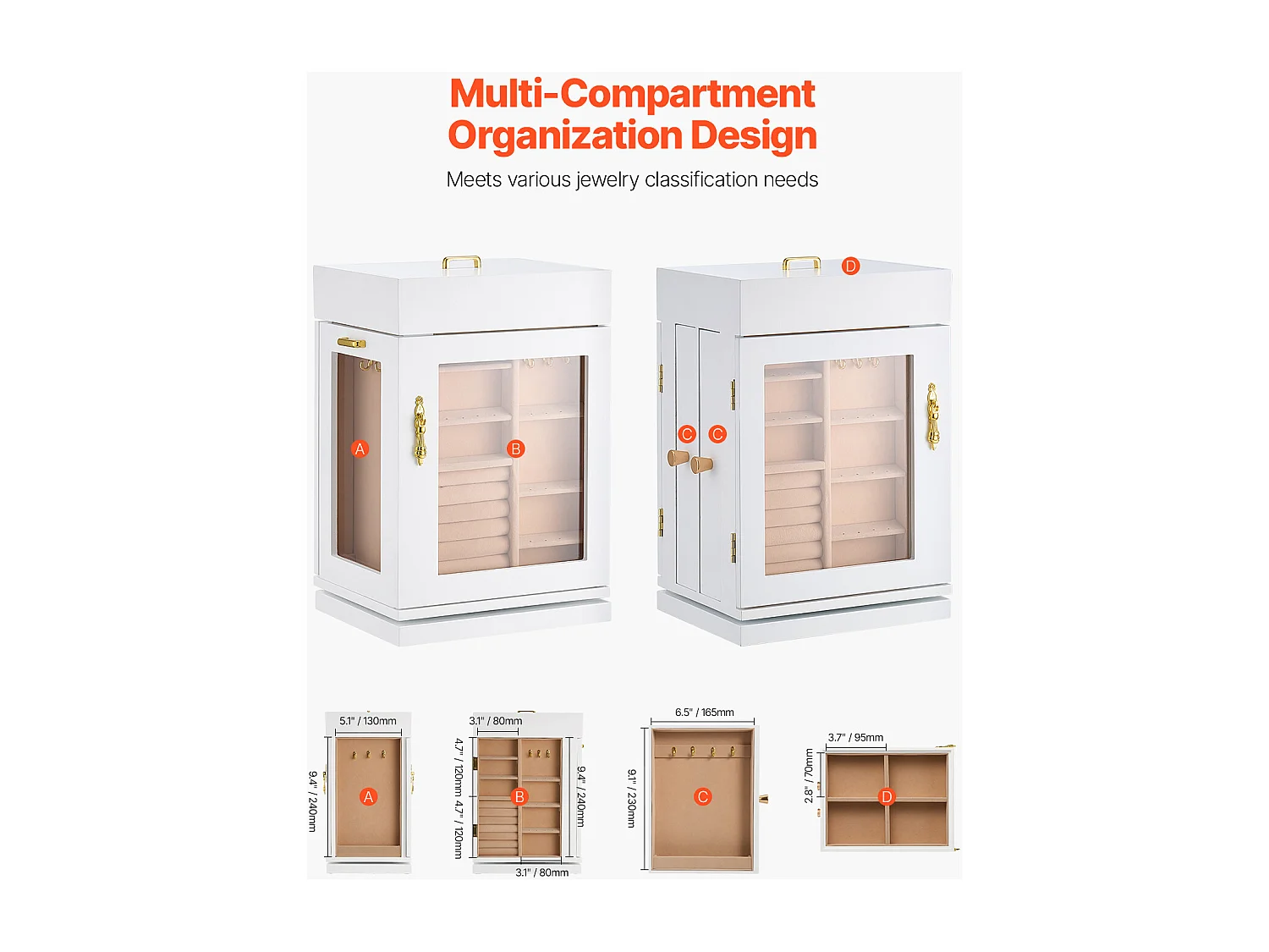 Boîte à Bijoux Rotative SucceBuy à 360°, avec Porte Magnétique, Fenêtre en Acrylique, 4 Crochets Intégrés de Colliers, Poignées Métal, Doublure en Flanelle Douce