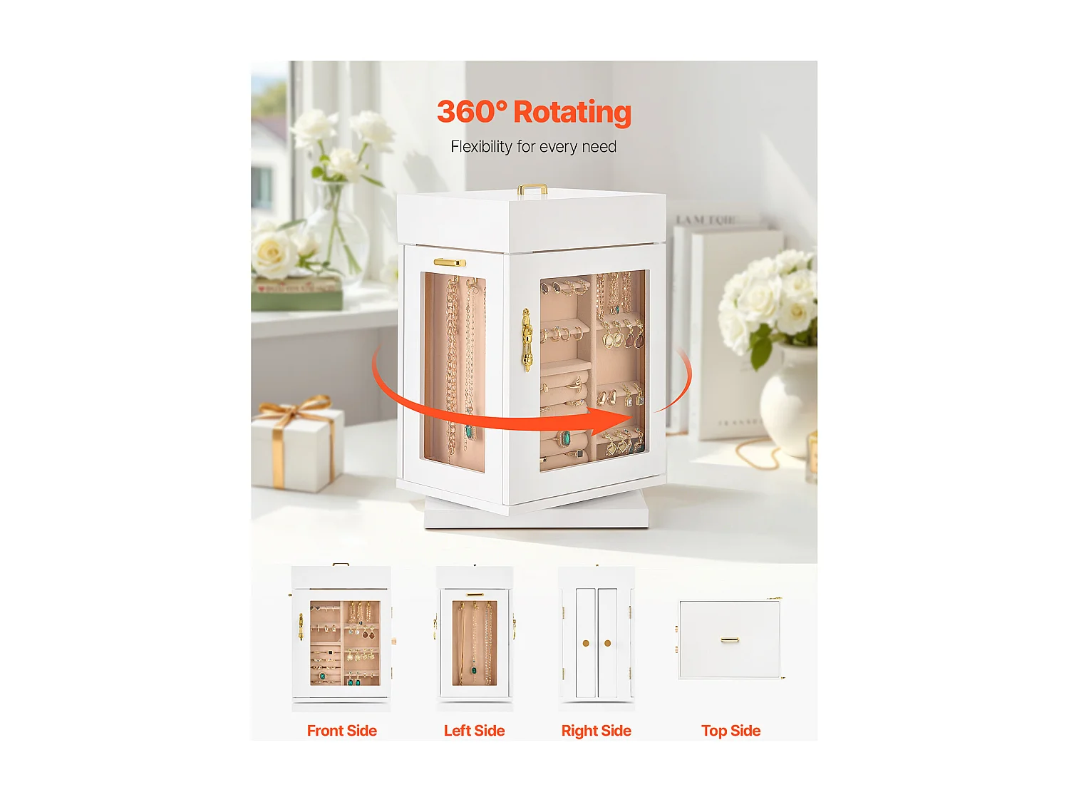 Boîte à Bijoux Rotative SucceBuy à 360°, avec Porte Magnétique, Fenêtre en Acrylique, 4 Crochets Intégrés de Colliers, Poignées Métal, Doublure en Flanelle Douce