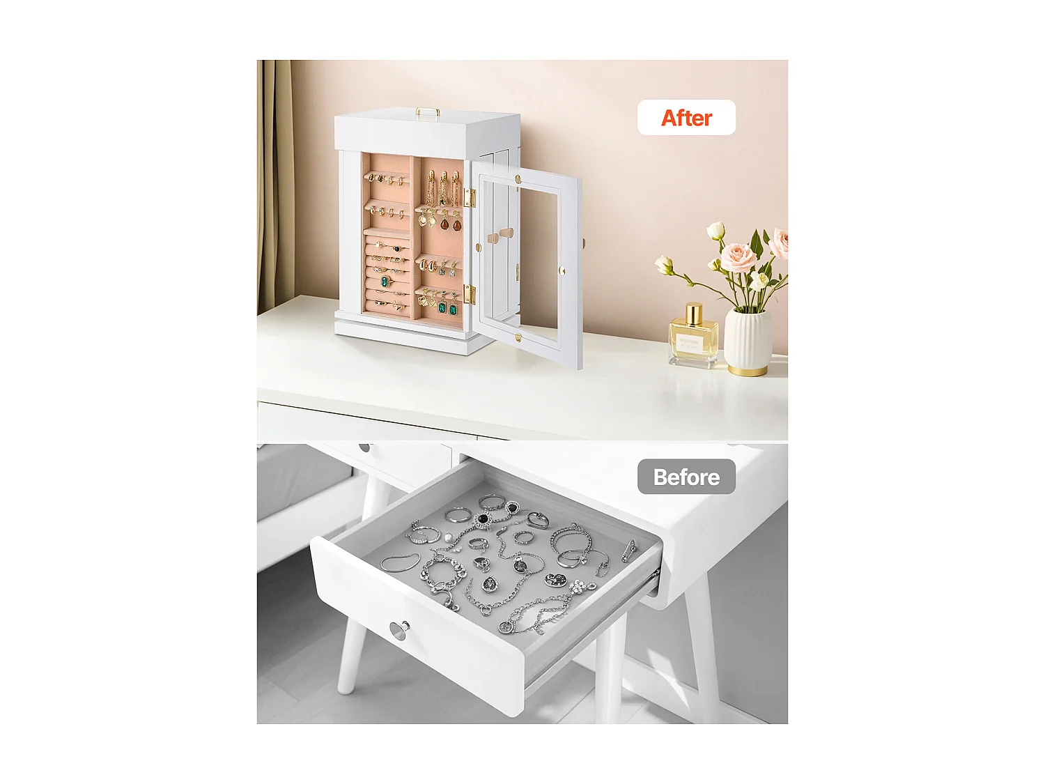 Boîte à Bijoux Rotative SucceBuy à 360°, avec Porte Magnétique, Fenêtre en Acrylique, 4 Crochets Intégrés de Colliers, Poignées Métal, Doublure en Flanelle Douce