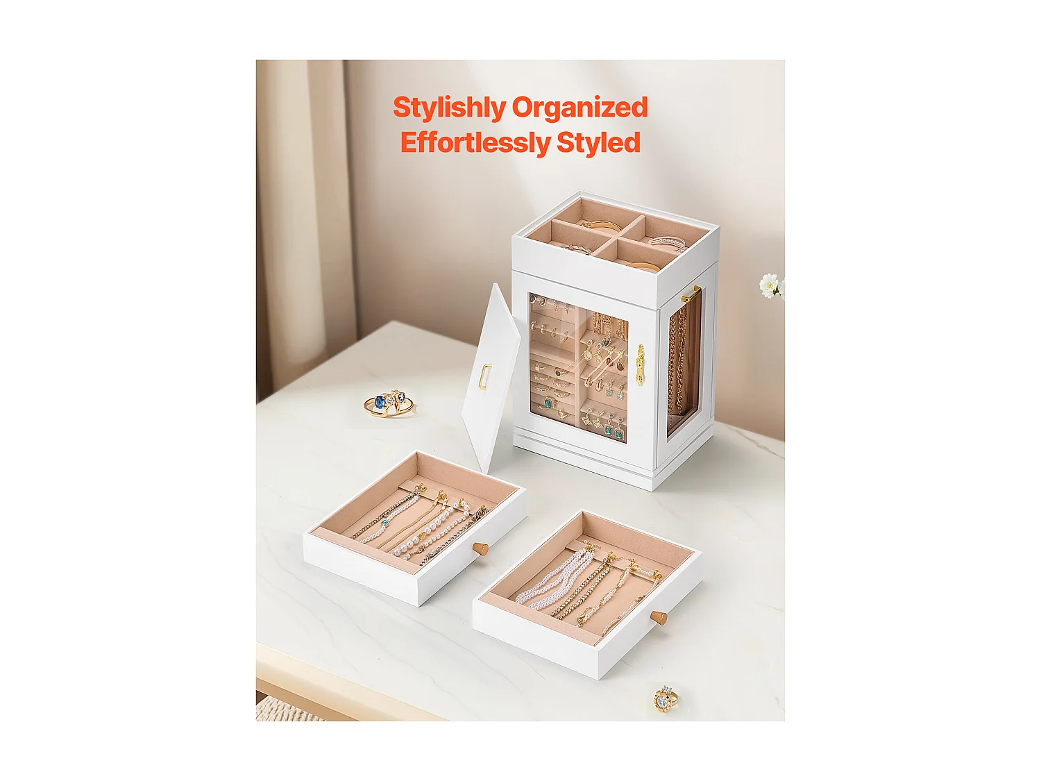 Boîte à Bijoux Rotative SucceBuy à 360°, avec Porte Magnétique, Fenêtre en Acrylique, 4 Crochets Intégrés de Colliers, Poignées Métal, Doublure en Flanelle Douce