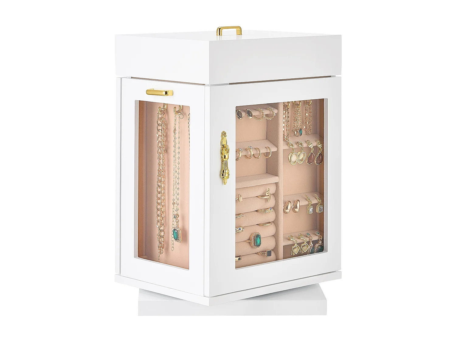 Boîte à Bijoux Rotative SucceBuy à 360°, avec Porte Magnétique, Fenêtre en Acrylique, 4 Crochets Intégrés de Colliers, Poignées Métal, Doublure en Flanelle Douce