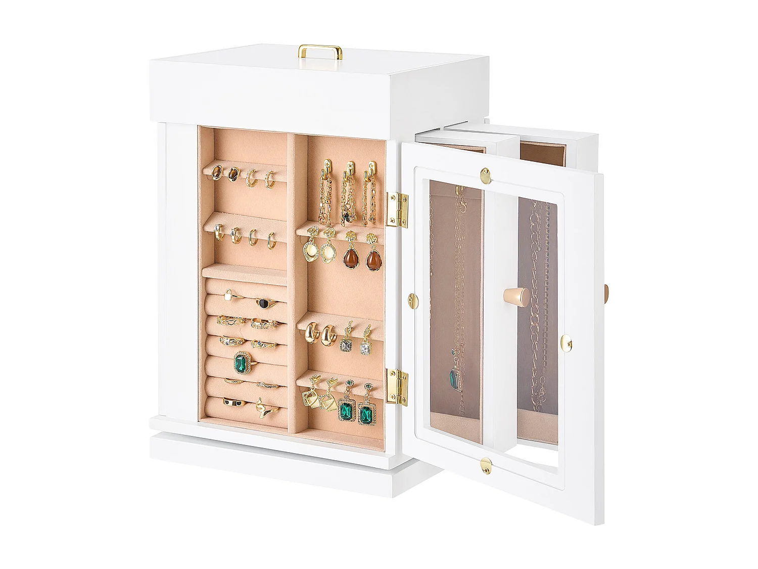 Boîte à Bijoux Rotative SucceBuy à 360°, avec Porte Magnétique, Fenêtre en Acrylique, 4 Crochets Intégrés de Colliers, Poignées Métal, Doublure en Flanelle Douce