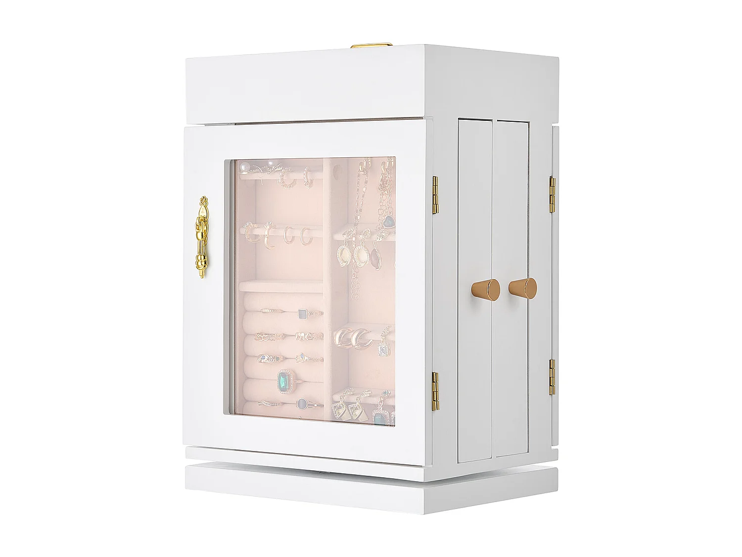 Boîte à Bijoux Rotative SucceBuy à 360°, avec Porte Magnétique, Fenêtre en Acrylique, 4 Crochets Intégrés de Colliers, Poignées Métal, Doublure en Flanelle Douce