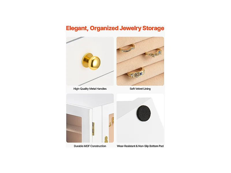Rotierbare Schmuckbox SucceBuy mit 360°, mit 5 Schubladen und Acrylfenster, Großes Aufbewahrungsetui mit Metallgriffen, Polsterung aus Weichem Samt, Weiß
