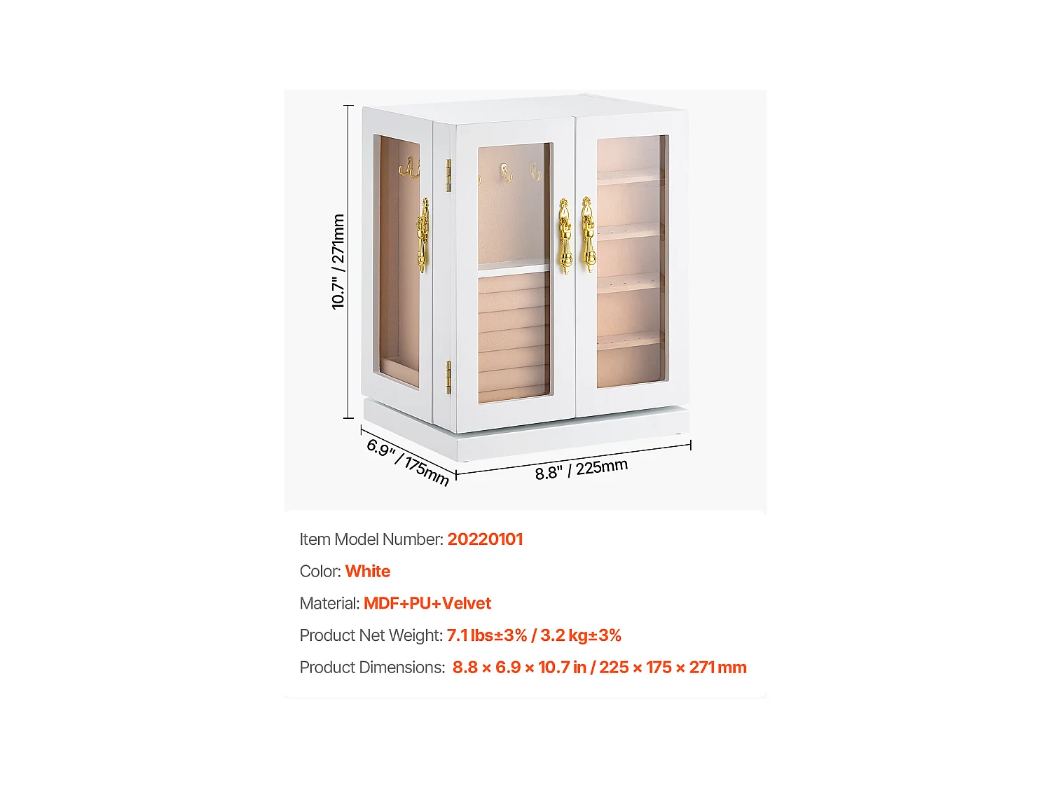 Boîte à Bijoux Rotative SucceBuy à 360°, avec 5 Tiroirs et Fenêtre en Acrylique, Grand Étui de Rangement avec Poignées en Métal, Doublure en Velours Doux, Blanc