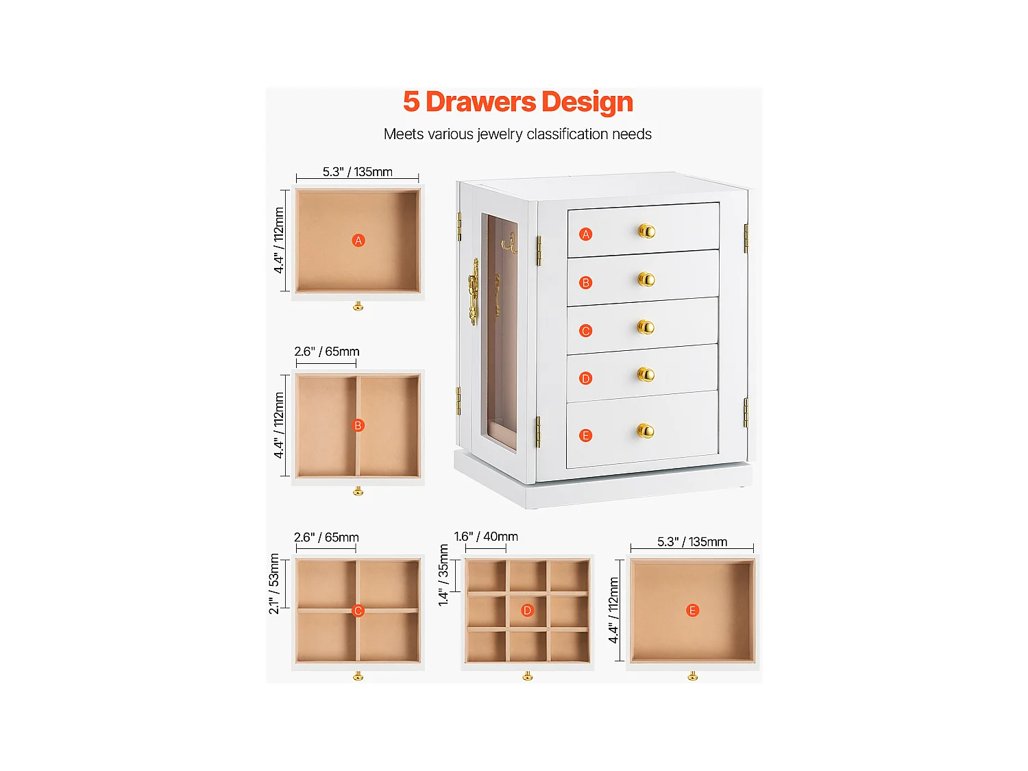 Boîte à Bijoux Rotative SucceBuy à 360°, avec 5 Tiroirs et Fenêtre en Acrylique, Grand Étui de Rangement avec Poignées en Métal, Doublure en Velours Doux, Blanc