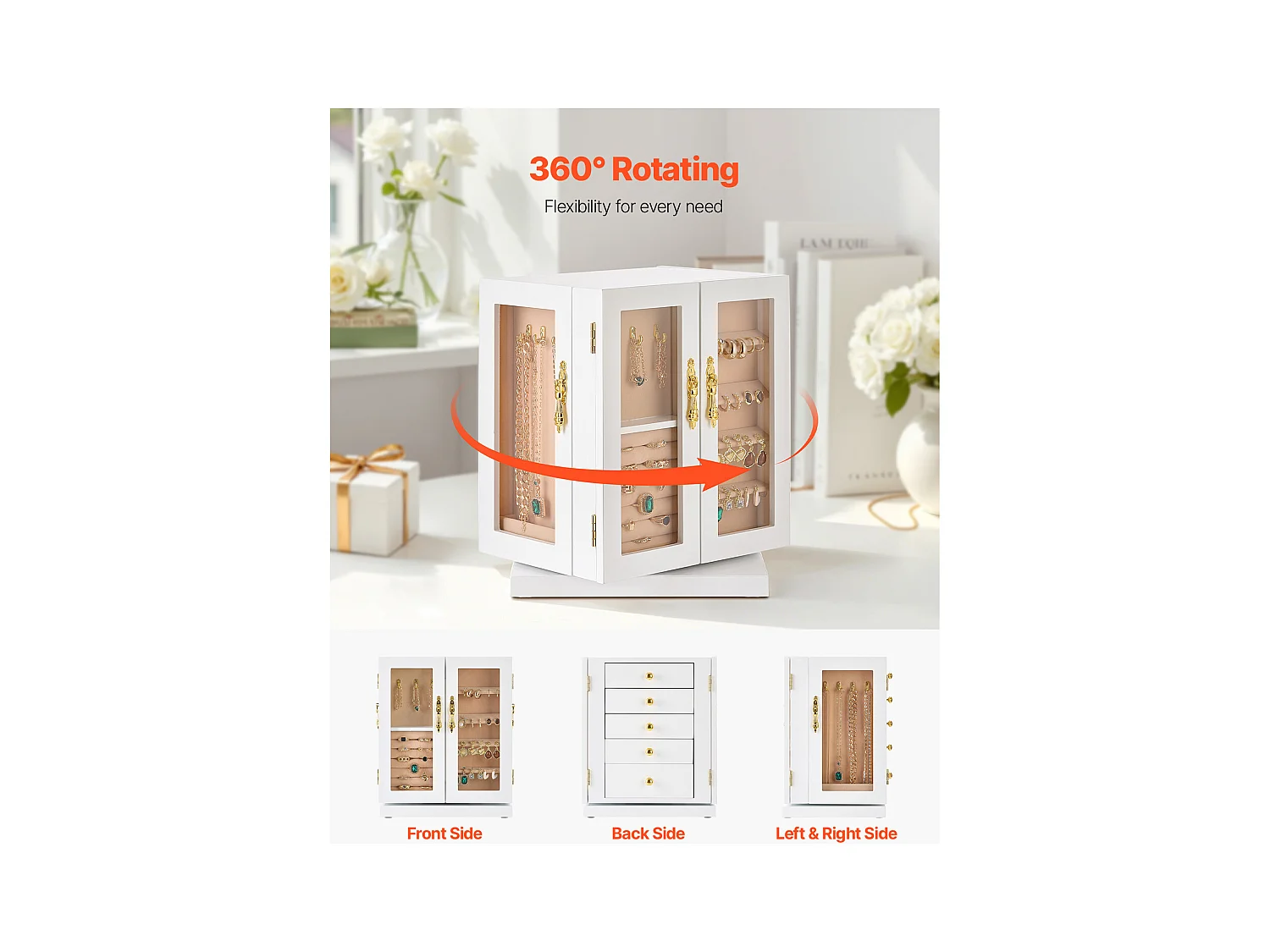 Boîte à Bijoux Rotative SucceBuy à 360°, avec 5 Tiroirs et Fenêtre en Acrylique, Grand Étui de Rangement avec Poignées en Métal, Doublure en Velours Doux, Blanc