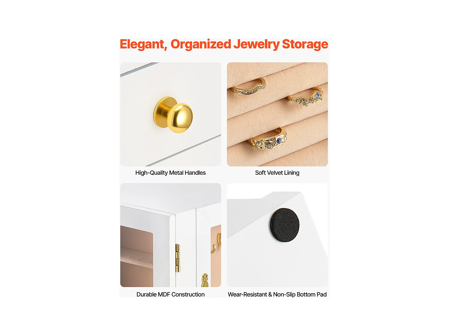 Boîte à Bijoux Rotative SucceBuy à 360°, avec 5 Tiroirs et Fenêtre en Acrylique, Grand Étui de Rangement avec Poignées en Métal, Doublure en Velours Doux, Blanc