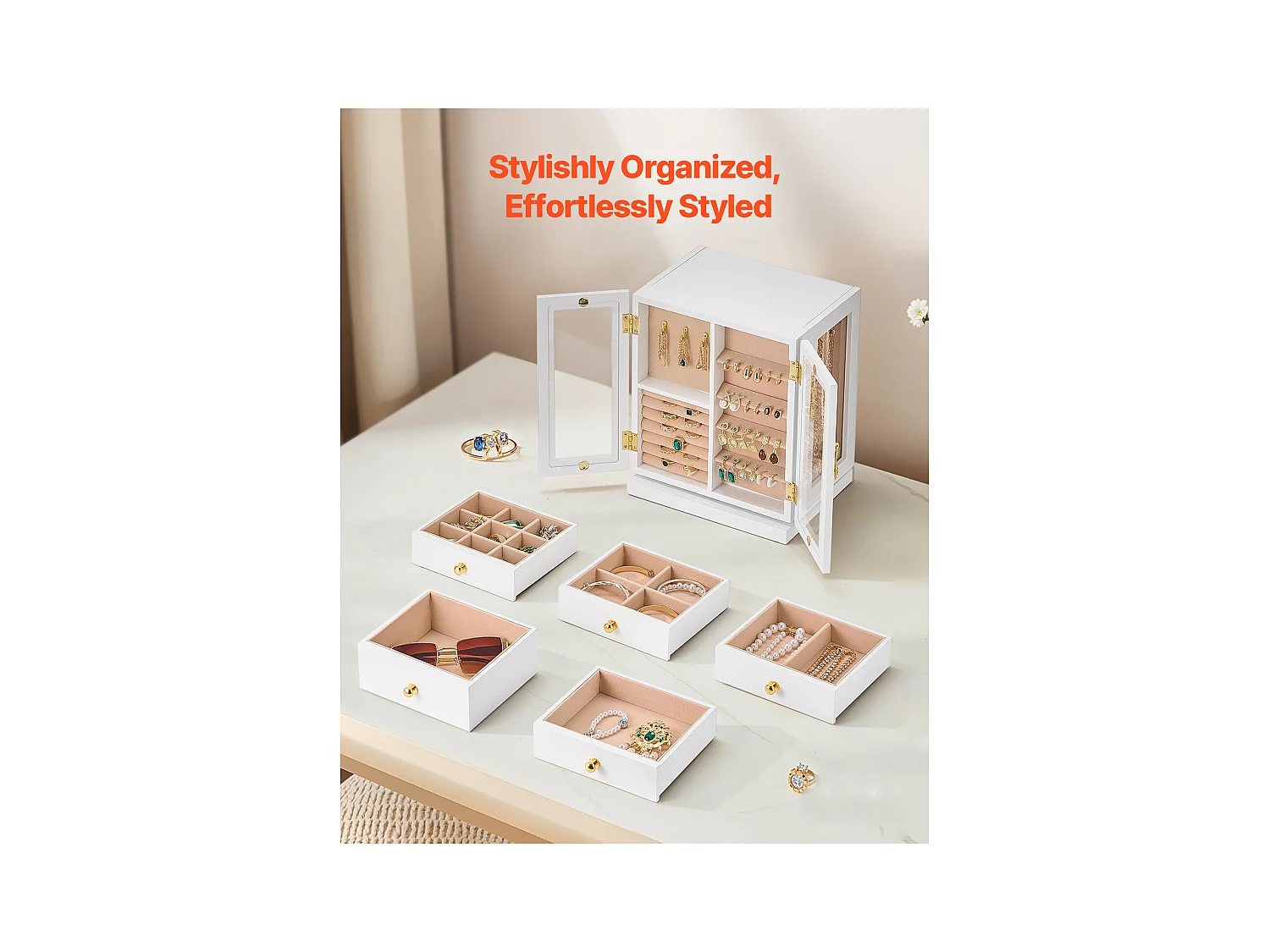 Boîte à Bijoux Rotative SucceBuy à 360°, avec 5 Tiroirs et Fenêtre en Acrylique, Grand Étui de Rangement avec Poignées en Métal, Doublure en Velours Doux, Blanc