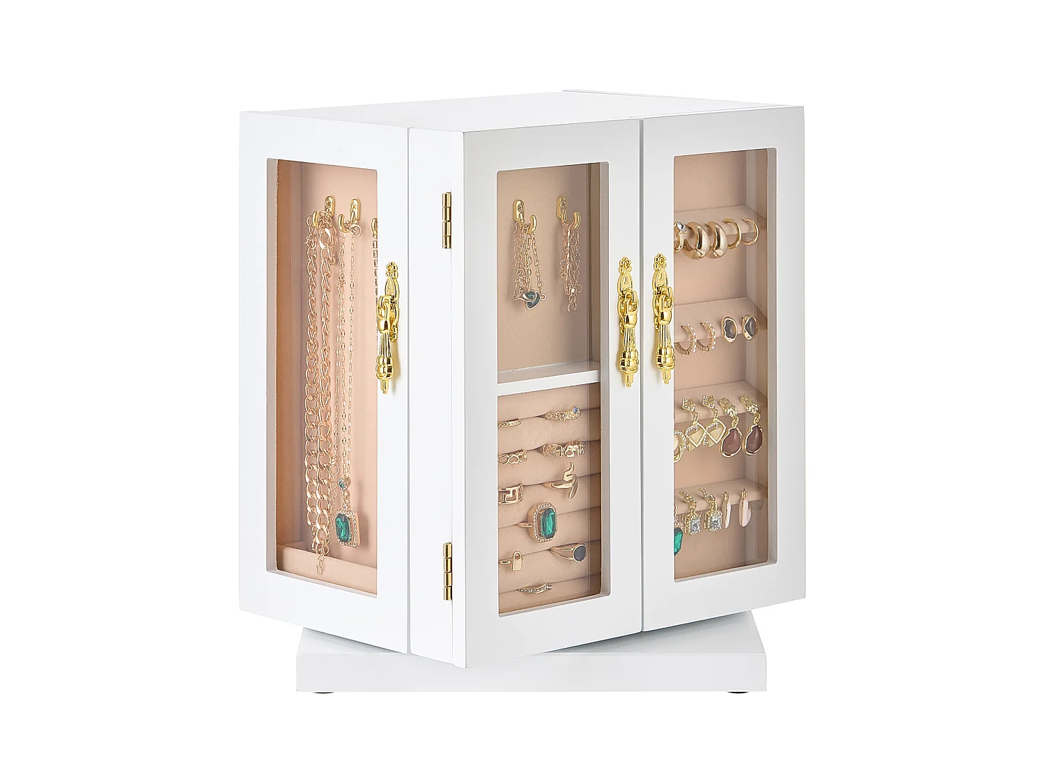 Boîte à Bijoux Rotative SucceBuy à 360°, avec 5 Tiroirs et Fenêtre en Acrylique, Grand Étui de Rangement avec Poignées en Métal, Doublure en Velours Doux, Blanc