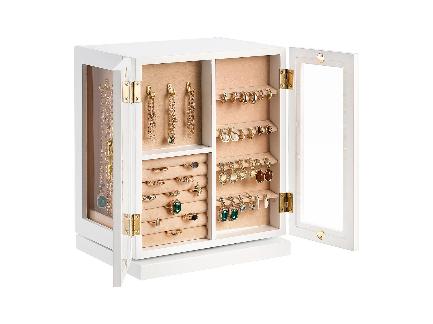 Boîte à Bijoux Rotative SucceBuy à 360°, avec 5 Tiroirs et Fenêtre en Acrylique, Grand Étui de Rangement avec Poignées en Métal, Doublure en Velours Doux, Blanc