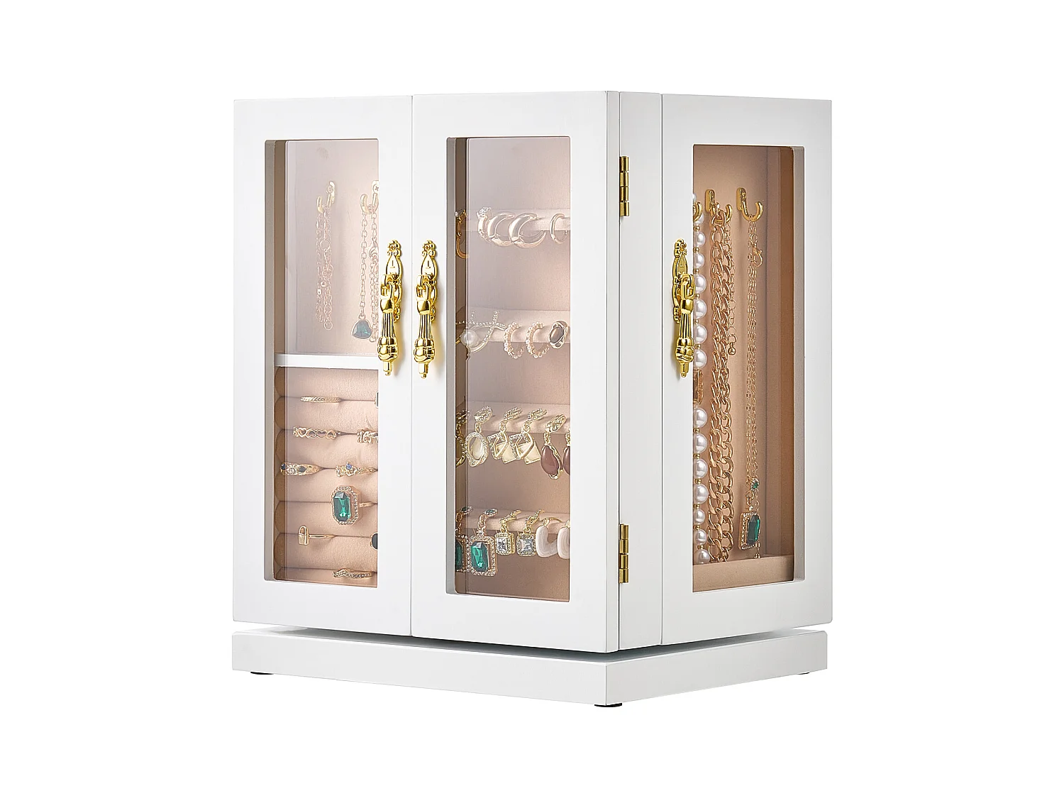 Boîte à Bijoux Rotative SucceBuy à 360°, avec 5 Tiroirs et Fenêtre en Acrylique, Grand Étui de Rangement avec Poignées en Métal, Doublure en Velours Doux, Blanc