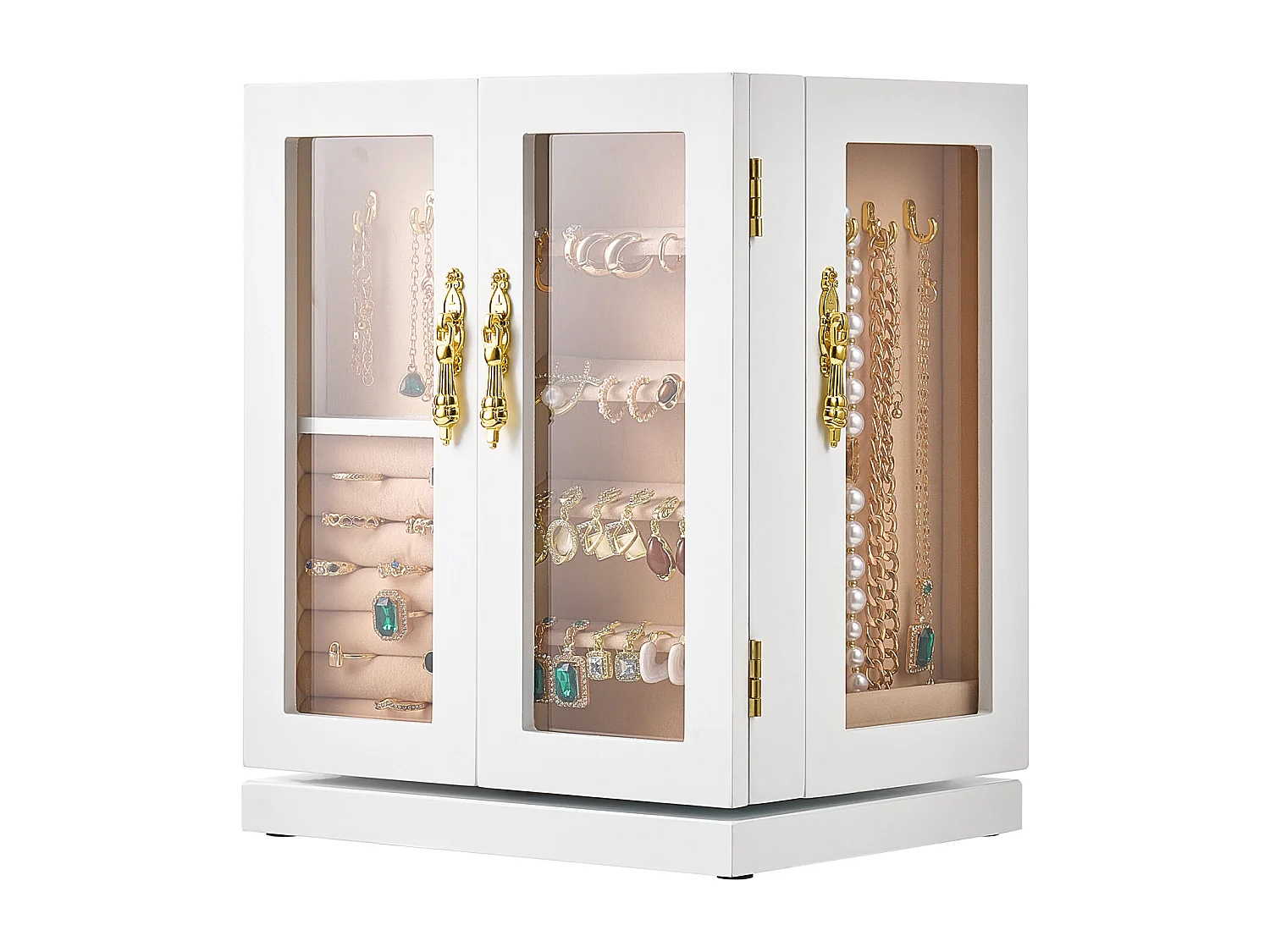 Boîte à Bijoux Rotative SucceBuy à 360°, avec 5 Tiroirs et Fenêtre en Acrylique, Grand Étui de Rangement avec Poignées en Métal, Doublure en Velours Doux, Blanc