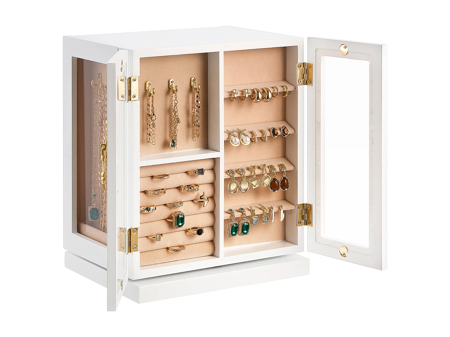 Boîte à Bijoux Rotative SucceBuy à 360°, avec 5 Tiroirs et Fenêtre en Acrylique, Grand Étui de Rangement avec Poignées en Métal, Doublure en Velours Doux, Blanc