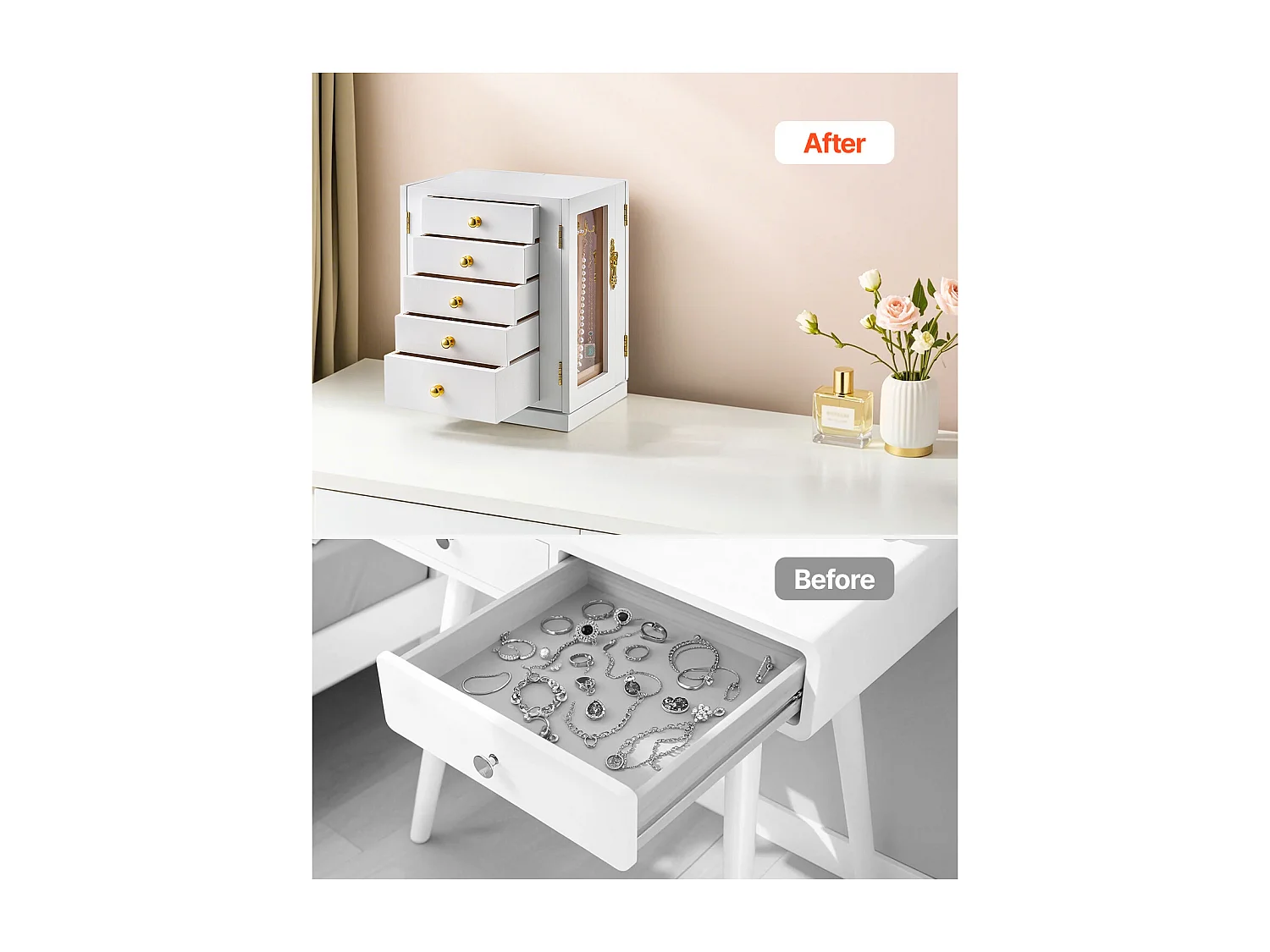 Boîte à Bijoux Rotative SucceBuy à 360°, avec 5 Tiroirs et Fenêtre en Acrylique, Grand Étui de Rangement avec Poignées en Métal, Doublure en Velours Doux, Blanc