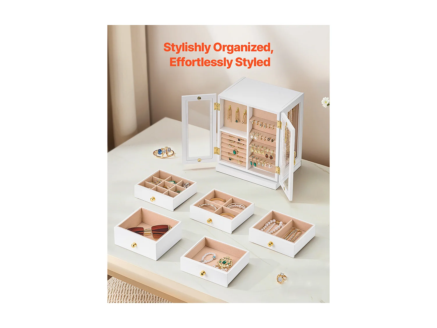 Boîte à Bijoux Rotative SucceBuy à 360°, avec 5 Tiroirs et Fenêtre en Acrylique, Grand Étui de Rangement avec Poignées en Métal, Doublure en Velours Doux, Blanc
