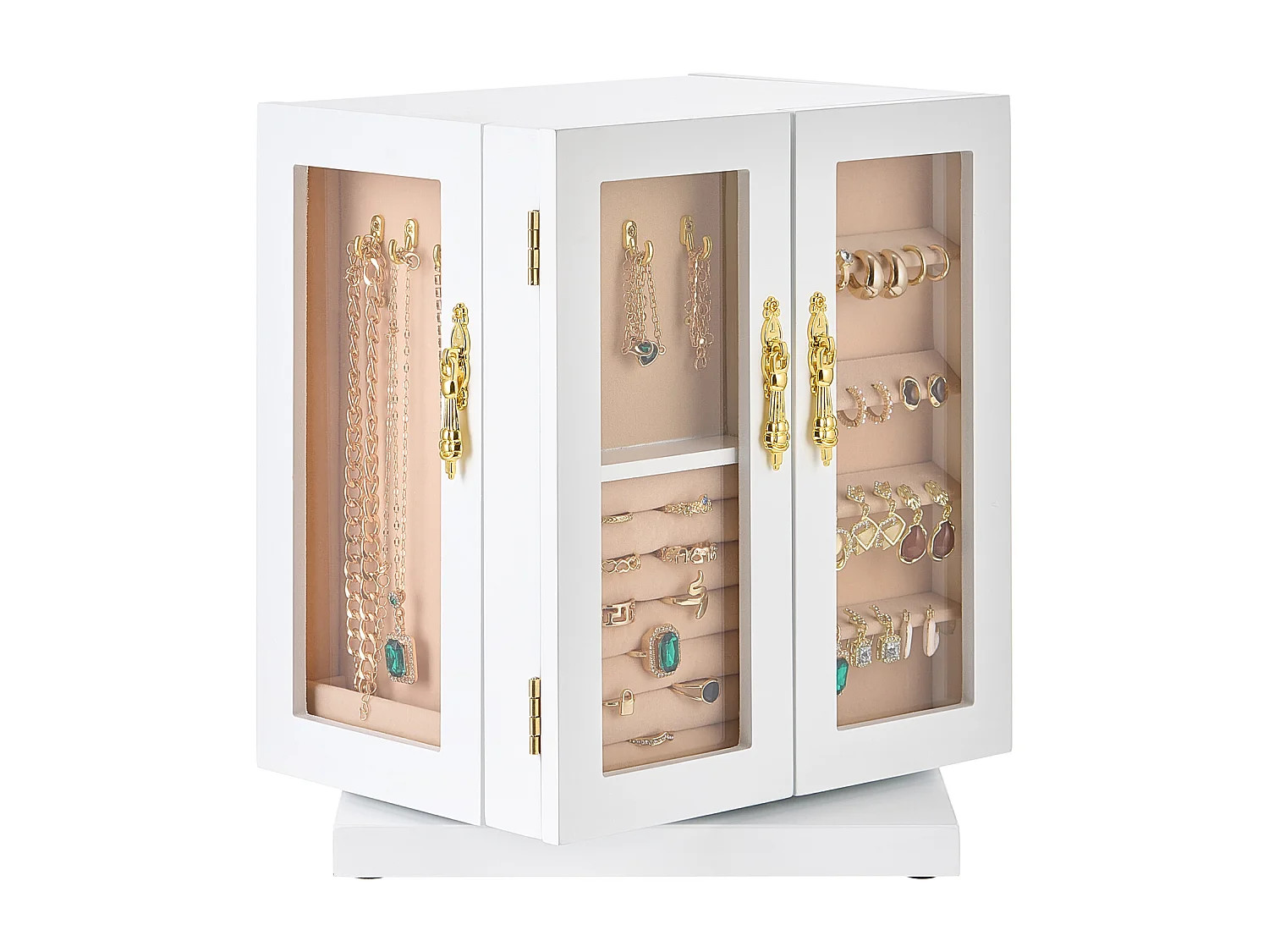 Boîte à Bijoux Rotative SucceBuy à 360°, avec 5 Tiroirs et Fenêtre en Acrylique, Grand Étui de Rangement avec Poignées en Métal, Doublure en Velours Doux, Blanc