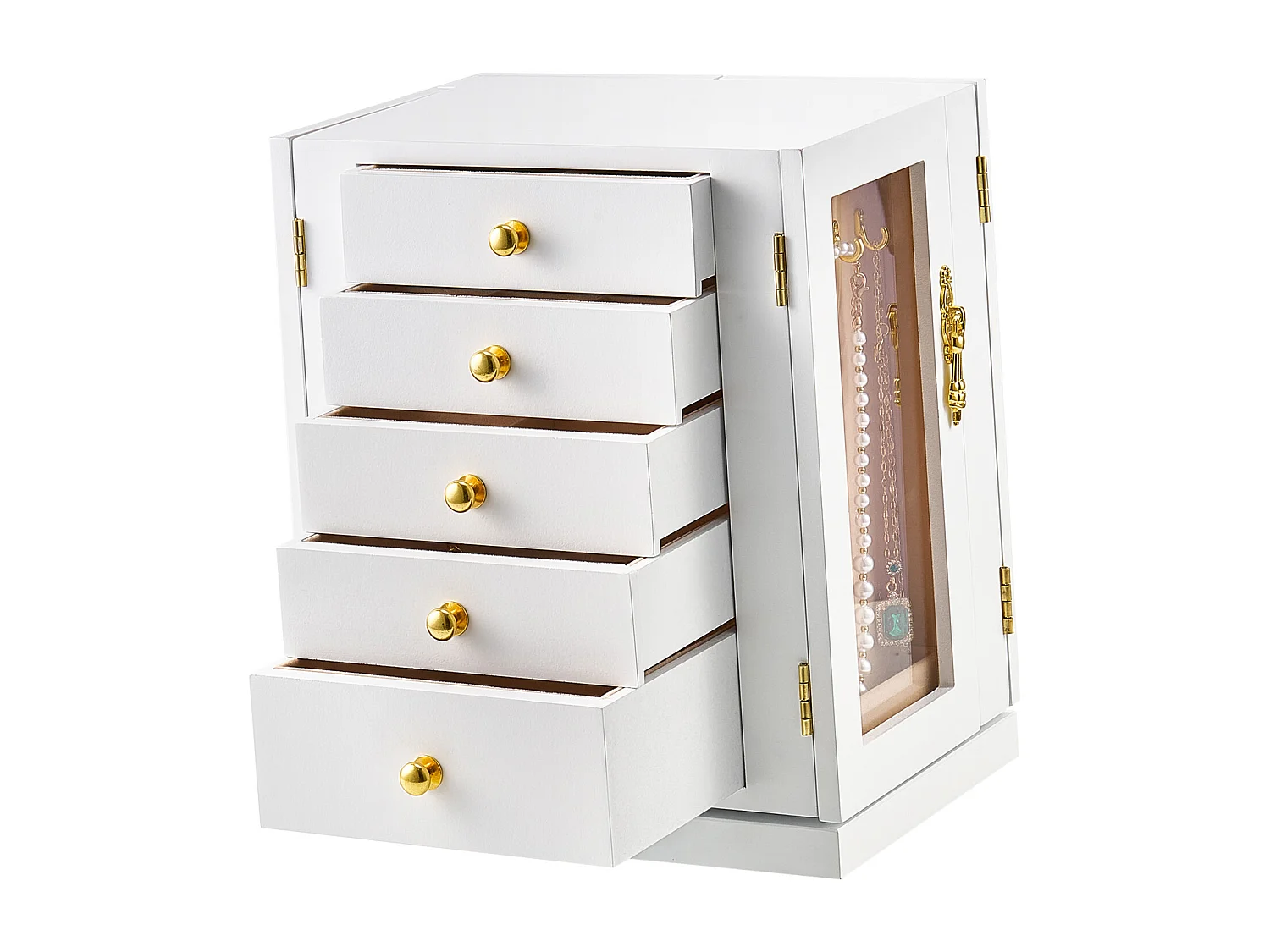 Boîte à Bijoux Rotative SucceBuy à 360°, avec 5 Tiroirs et Fenêtre en Acrylique, Grand Étui de Rangement avec Poignées en Métal, Doublure en Velours Doux, Blanc