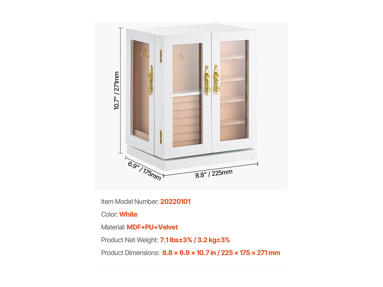 Boîte à Bijoux Rotative SucceBuy à 360°, avec 5 Tiroirs et Fenêtre en Acrylique, Grand Étui de Rangement avec Poignées en Métal, Doublure en Velours Doux, Blanc