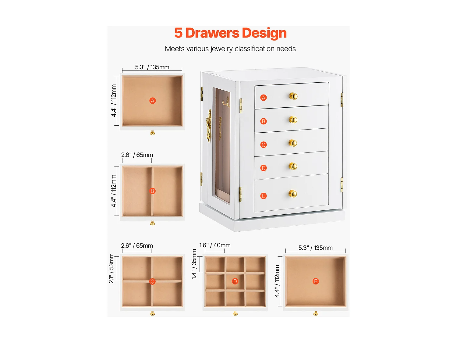 Boîte à Bijoux Rotative SucceBuy à 360°, avec 5 Tiroirs et Fenêtre en Acrylique, Grand Étui de Rangement avec Poignées en Métal, Doublure en Velours Doux, Blanc