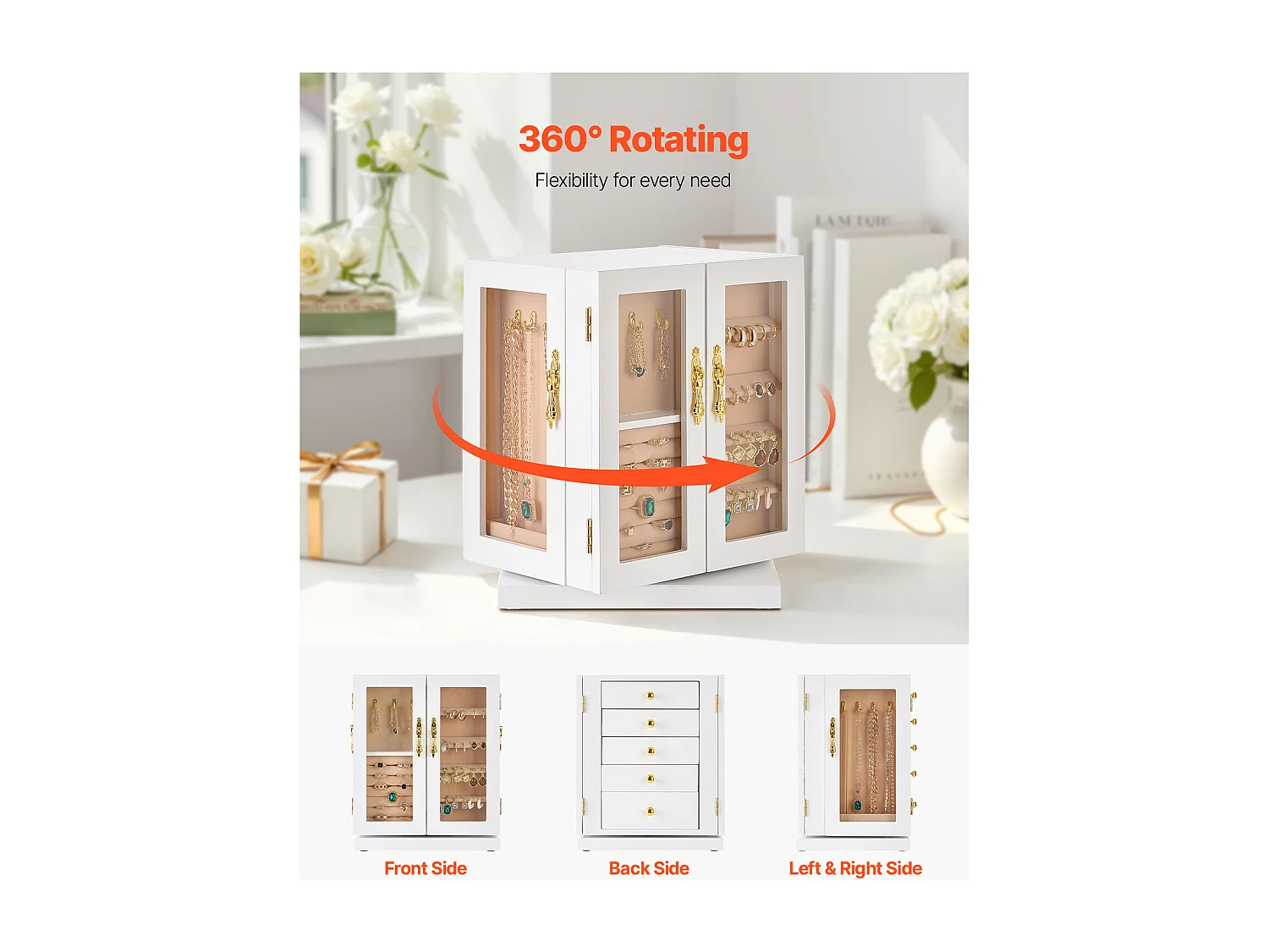 Boîte à Bijoux Rotative SucceBuy à 360°, avec 5 Tiroirs et Fenêtre en Acrylique, Grand Étui de Rangement avec Poignées en Métal, Doublure en Velours Doux, Blanc