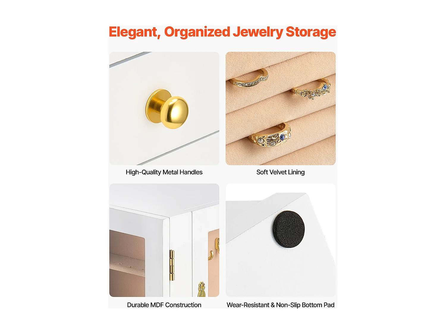 Boîte à Bijoux Rotative SucceBuy à 360°, avec 5 Tiroirs et Fenêtre en Acrylique, Grand Étui de Rangement avec Poignées en Métal, Doublure en Velours Doux, Blanc