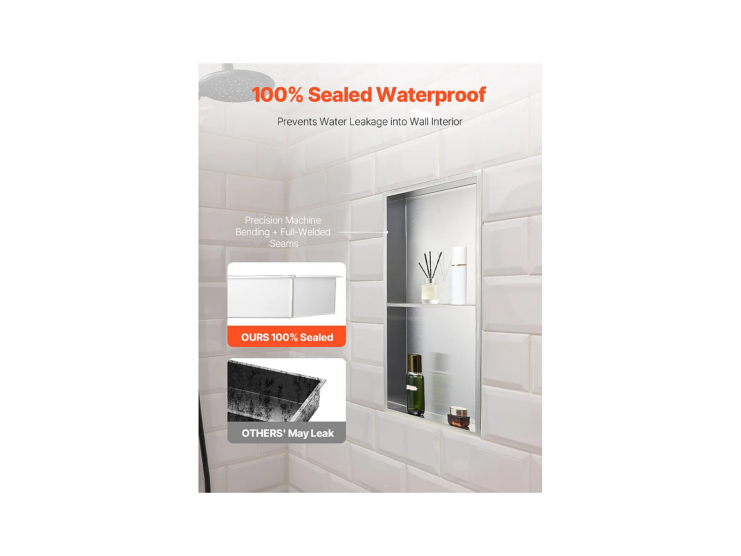 Niche Douche Encastrable SucceBuy, 10,2x33x63,5 cm, Niche Murale en Acier Inoxydable Double Niveau, Étagère de Salle de Bain Moderne Étanche, Argenté