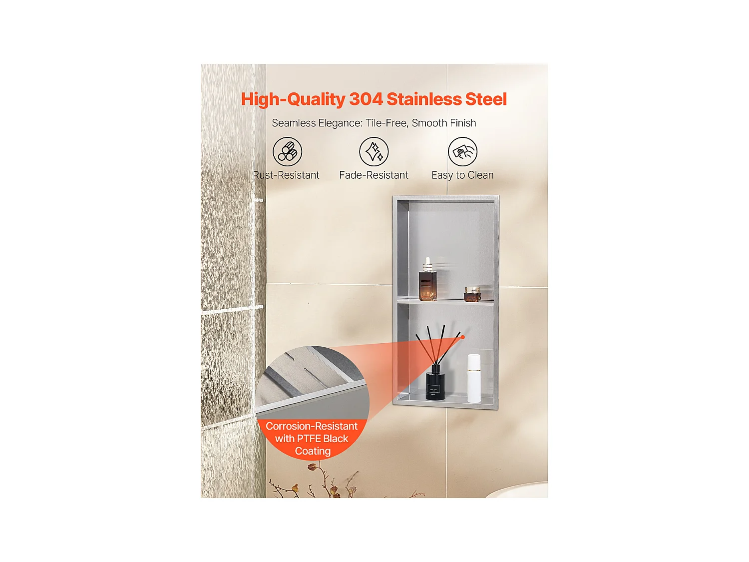 Niche Douche Encastrable SucceBuy, 10,2x33x63,5 cm, Niche Murale en Acier Inoxydable Double Niveau, Étagère de Salle de Bain Moderne Étanche, Argenté