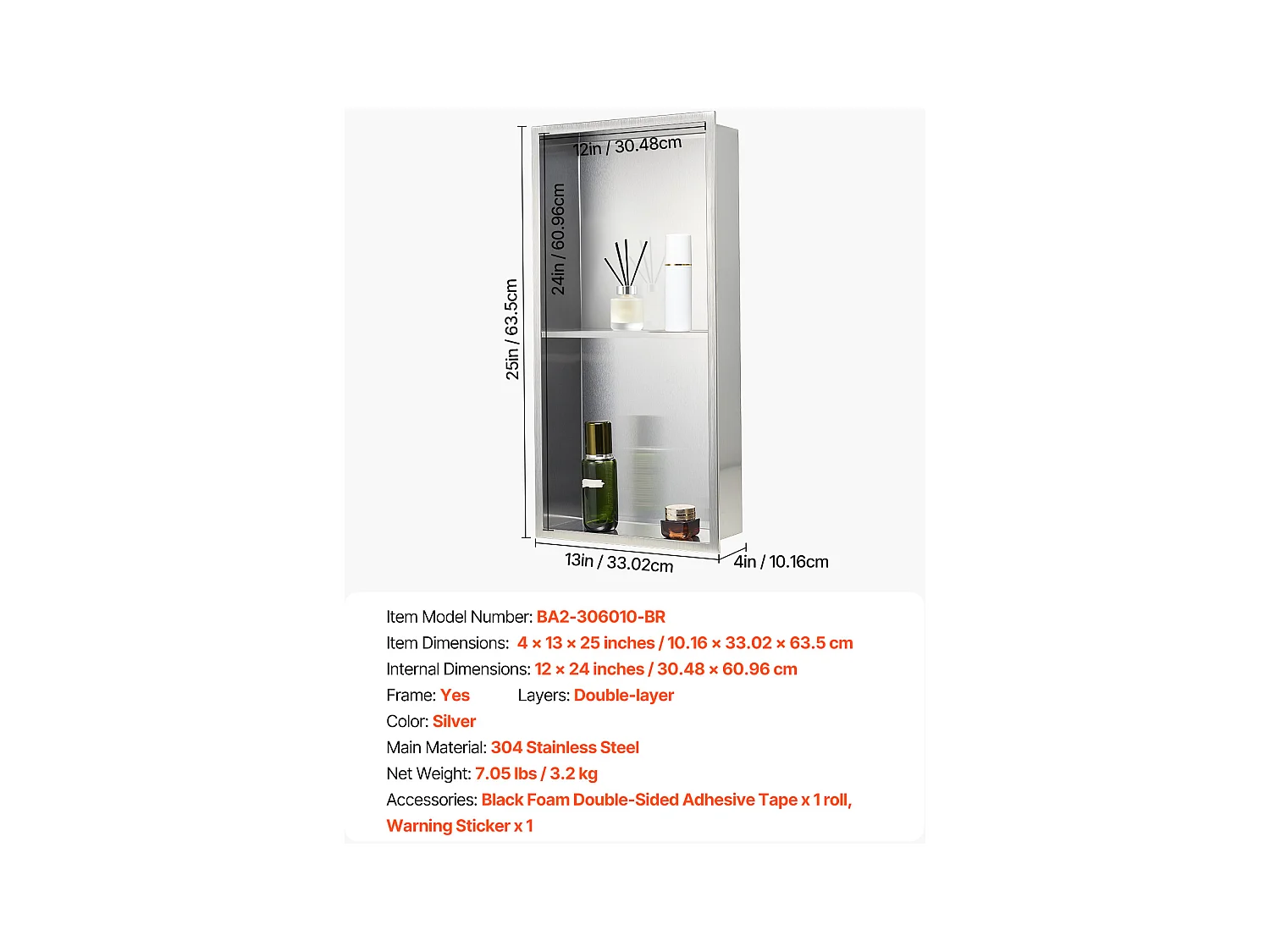 Niche Douche Encastrable SucceBuy, 10,2x33x63,5 cm, Niche Murale en Acier Inoxydable Double Niveau, Étagère de Salle de Bain Moderne Étanche, Argenté