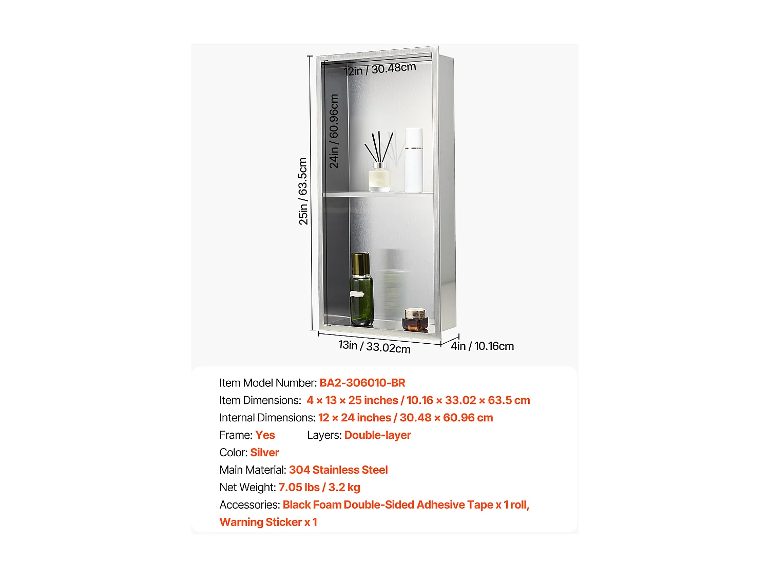 Niche Douche Encastrable SucceBuy, 10,2x33x63,5 cm, Niche Murale en Acier Inoxydable Double Niveau, Étagère de Salle de Bain Moderne Étanche, Argenté