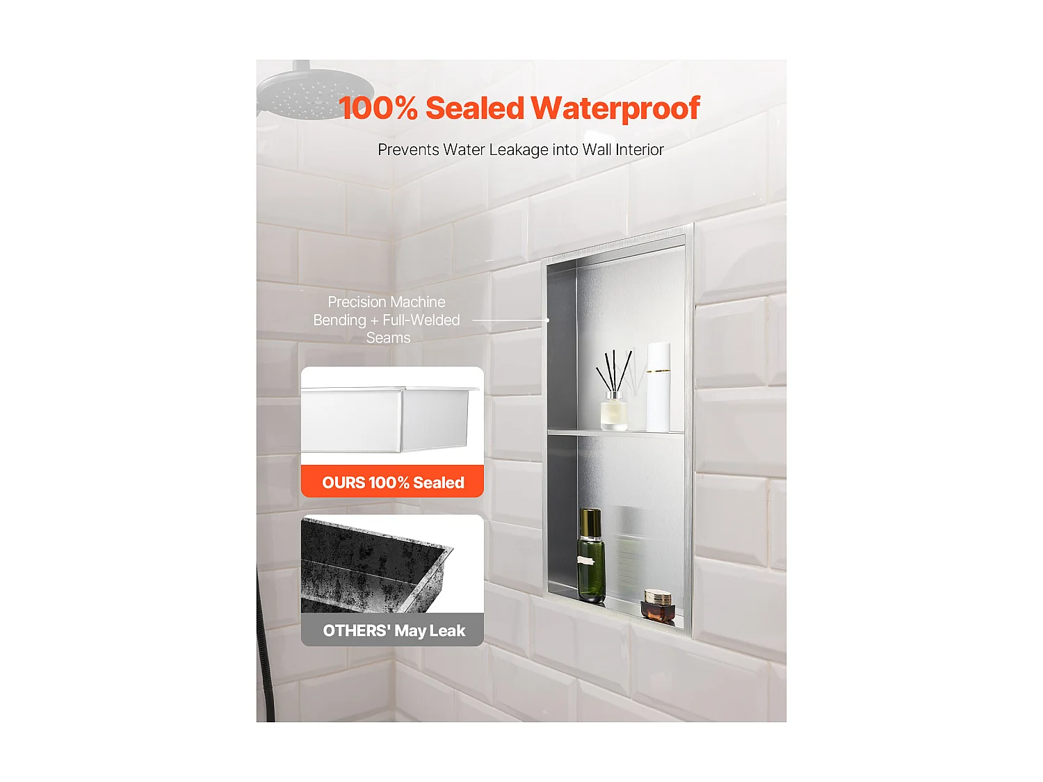 Niche Douche Encastrable SucceBuy, 10,2x33x63,5 cm, Niche Murale en Acier Inoxydable Double Niveau, Étagère de Salle de Bain Moderne Étanche, Argenté