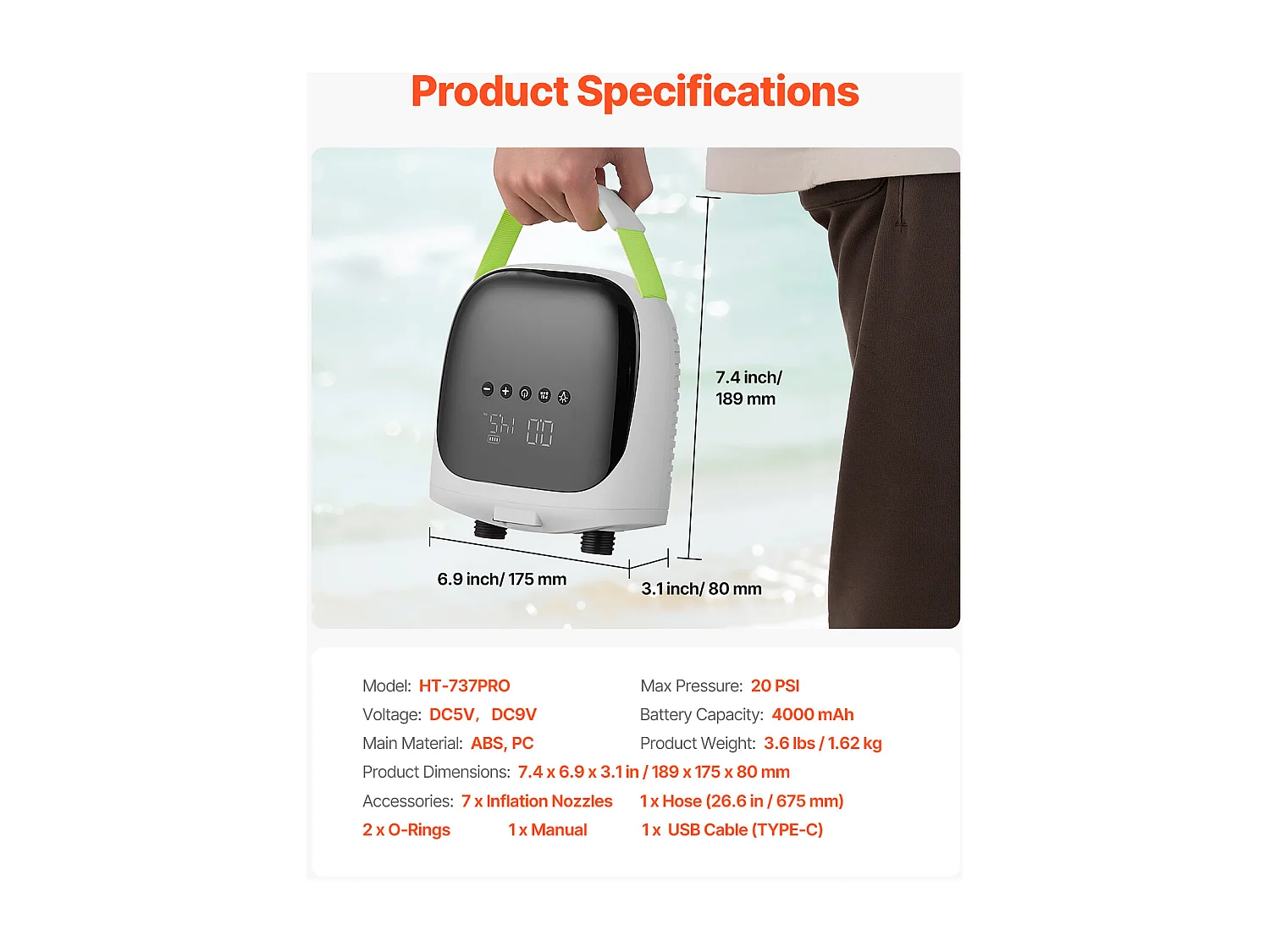 Pompe à Air Électrique pour Paddle Haute Pression SucceBuy Gonfleur Rechargeable à Deux Étages pour SUP avec Arrêt Automatique, Fonction de Dégonflage, 20 psi