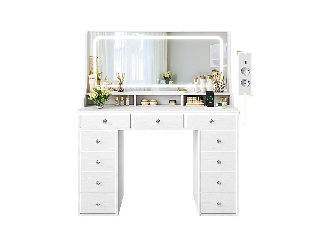 Coiffeuse avec grand miroir et éclairage LED, prise de Courant + USB, luminosité réglable, 11 Tiroirs, Blanc, 110x40x135cm