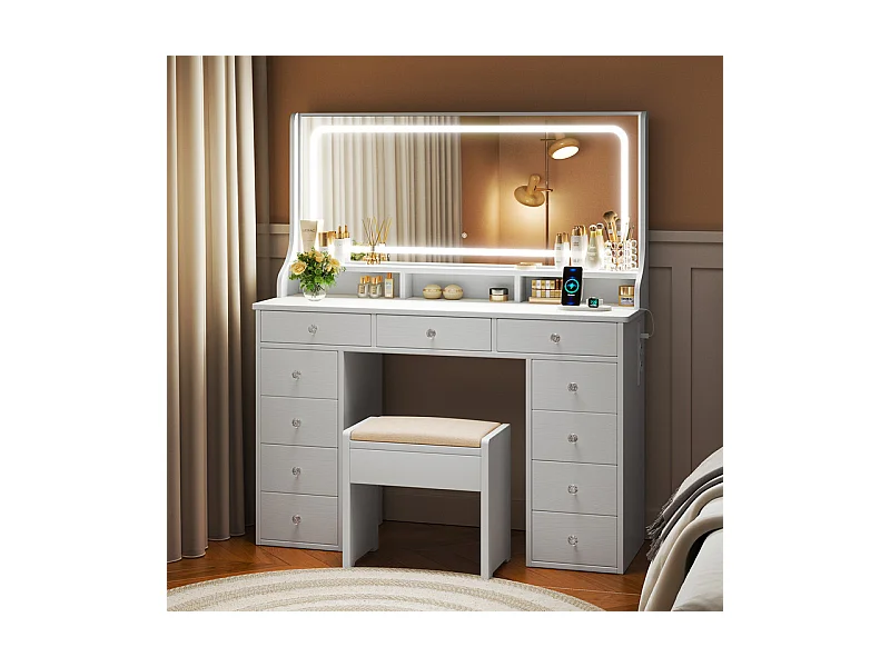 Coiffeuse avec grand miroir et éclairage LED, prise de Courant + USB, luminosité réglable, 11 Tiroirs, Blanc, 110x40x135cm