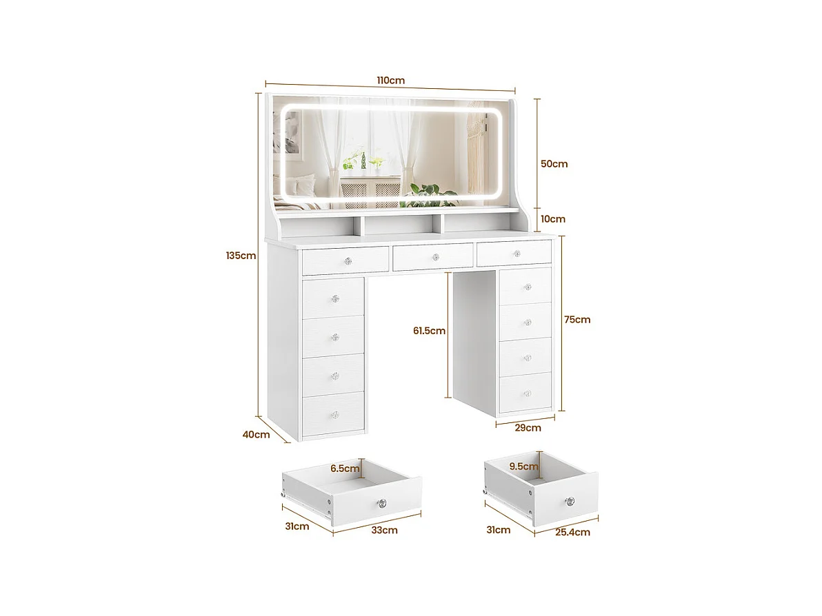 Coiffeuse avec grand miroir et éclairage LED, prise de Courant + USB, luminosité réglable, 11 Tiroirs, Blanc, 110x40x135cm