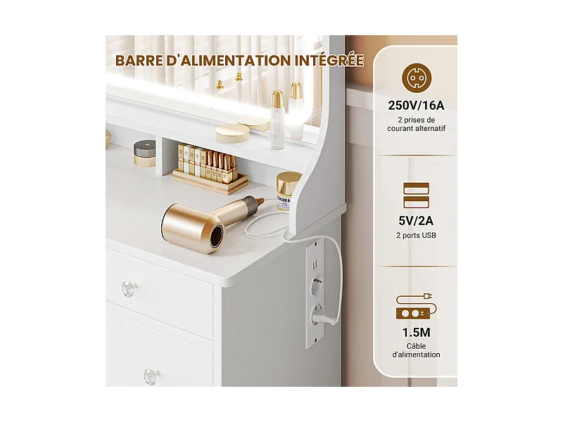 Coiffeuse avec grand miroir et éclairage LED, prise de Courant + USB, luminosité réglable, 11 Tiroirs, Blanc, 110x40x135cm