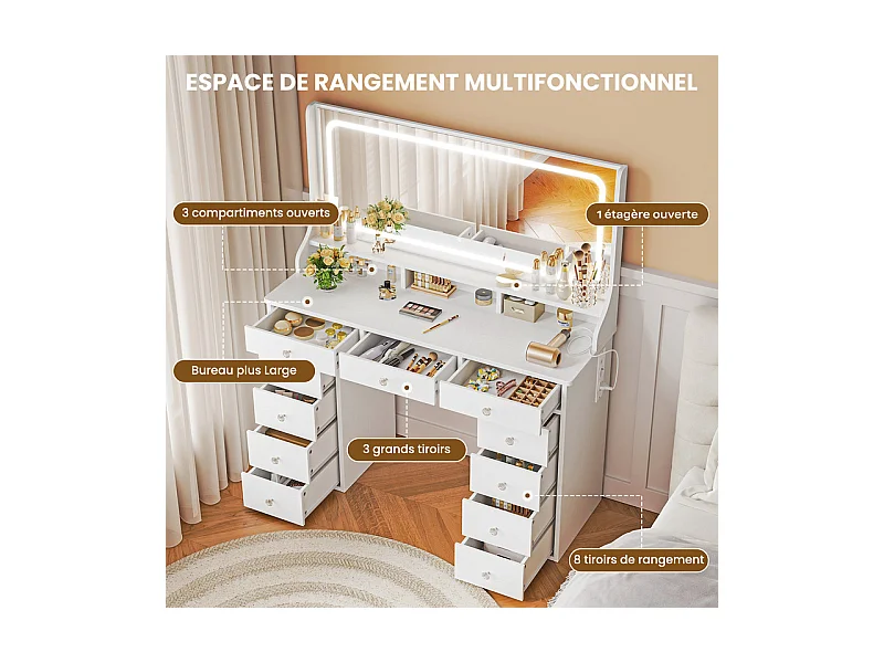 Coiffeuse avec grand miroir et éclairage LED, prise de Courant + USB, luminosité réglable, 11 Tiroirs, Blanc, 110x40x135cm