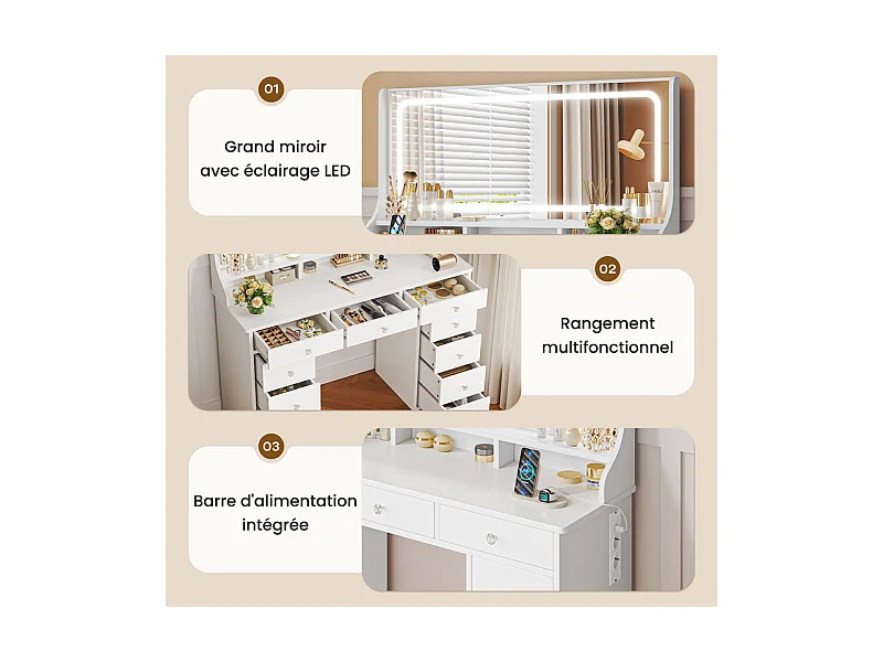 Coiffeuse avec grand miroir et éclairage LED, prise de Courant + USB, luminosité réglable, 11 Tiroirs, Blanc, 110x40x135cm