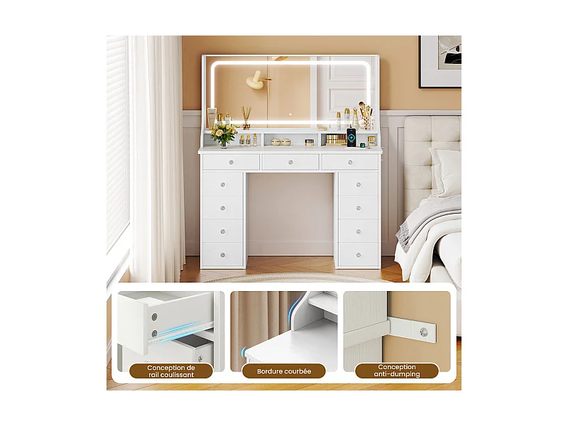 Coiffeuse avec grand miroir et éclairage LED, prise de Courant + USB, luminosité réglable, 11 Tiroirs, Blanc, 110x40x135cm