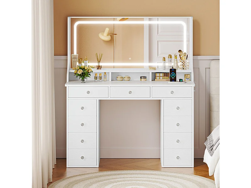 Coiffeuse avec grand miroir et éclairage LED, prise de Courant + USB, luminosité réglable, 11 Tiroirs, Blanc, 110x40x135cm